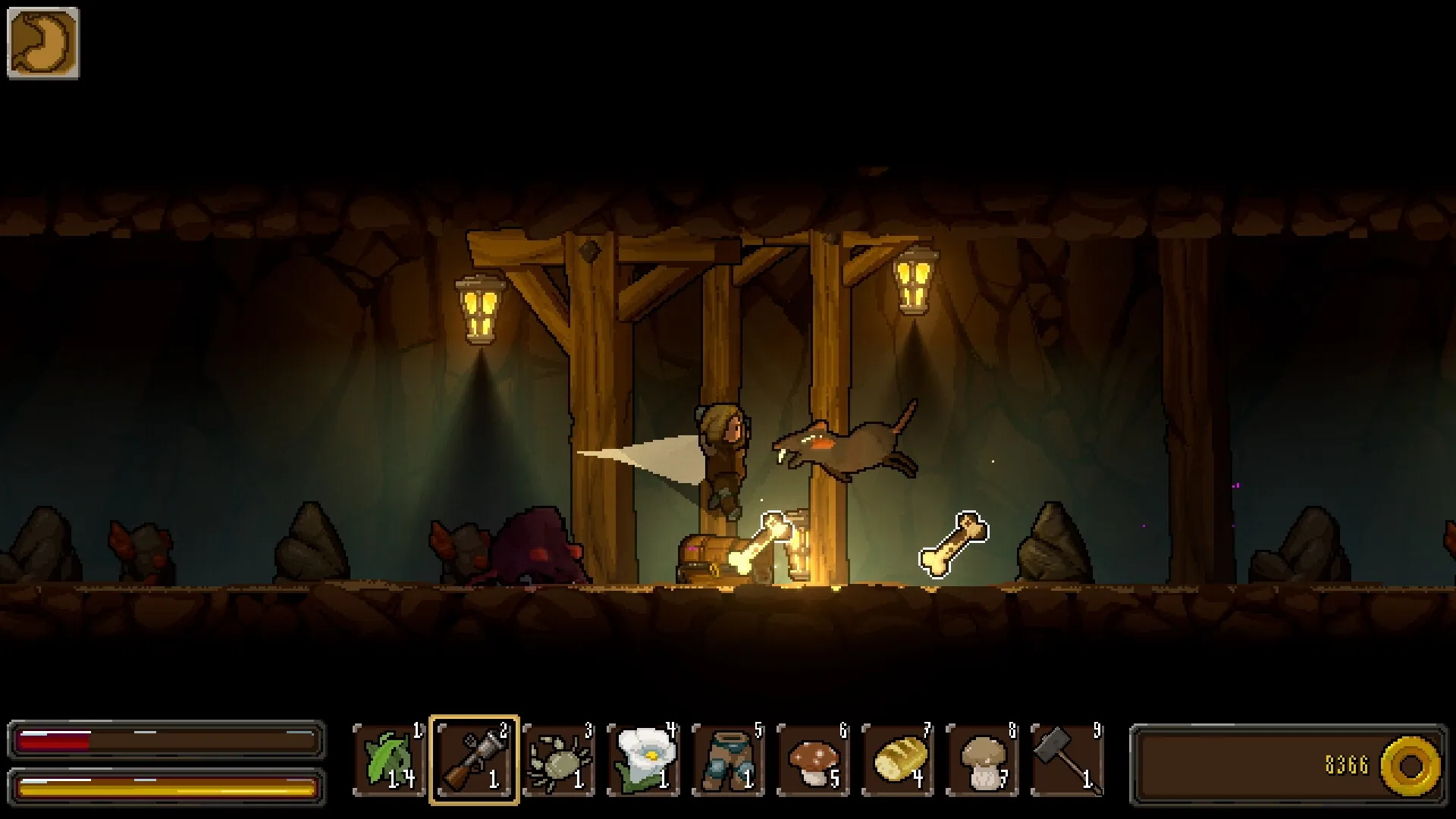 Mistaken: Character dodging an attacking creature in a dimly lit cave with inventory menu displayed