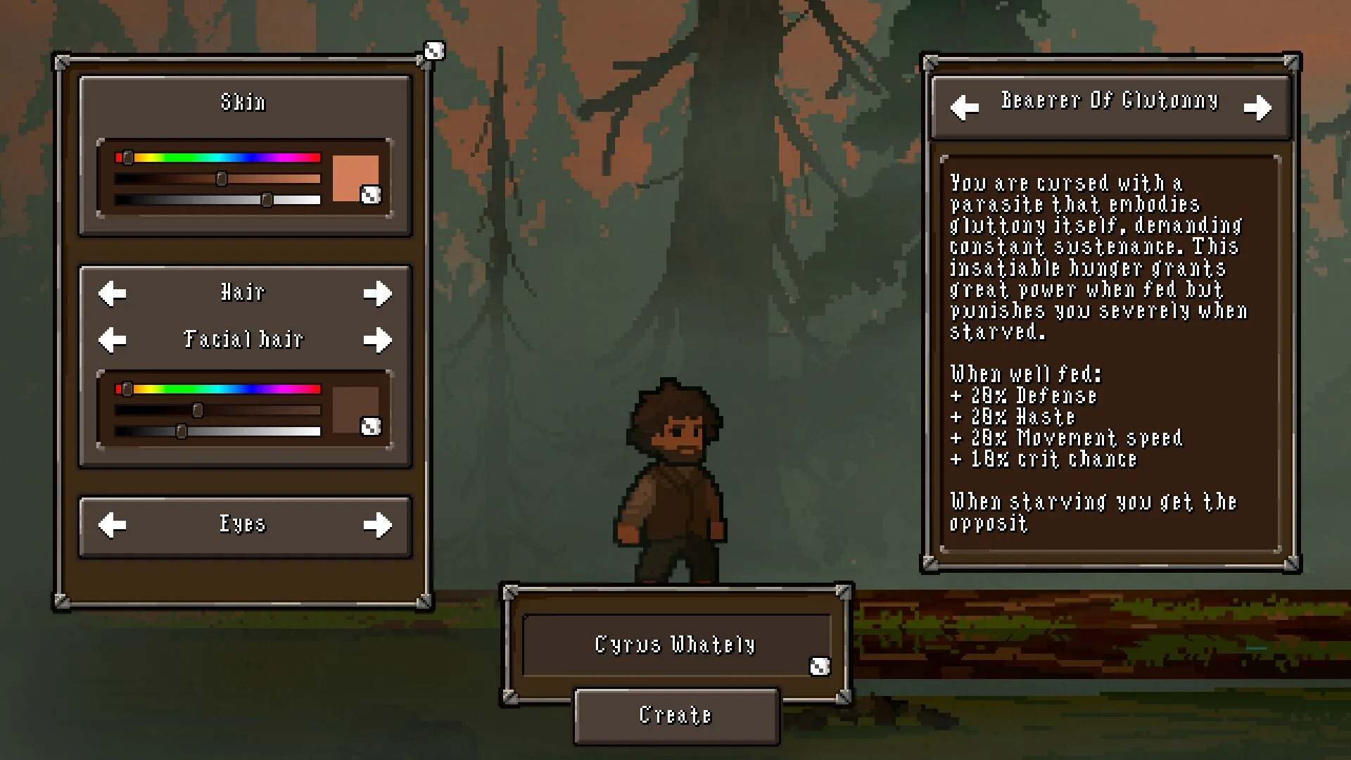 Mistaken: Character customization screen with sliders for skin, hair; trait description on right panel