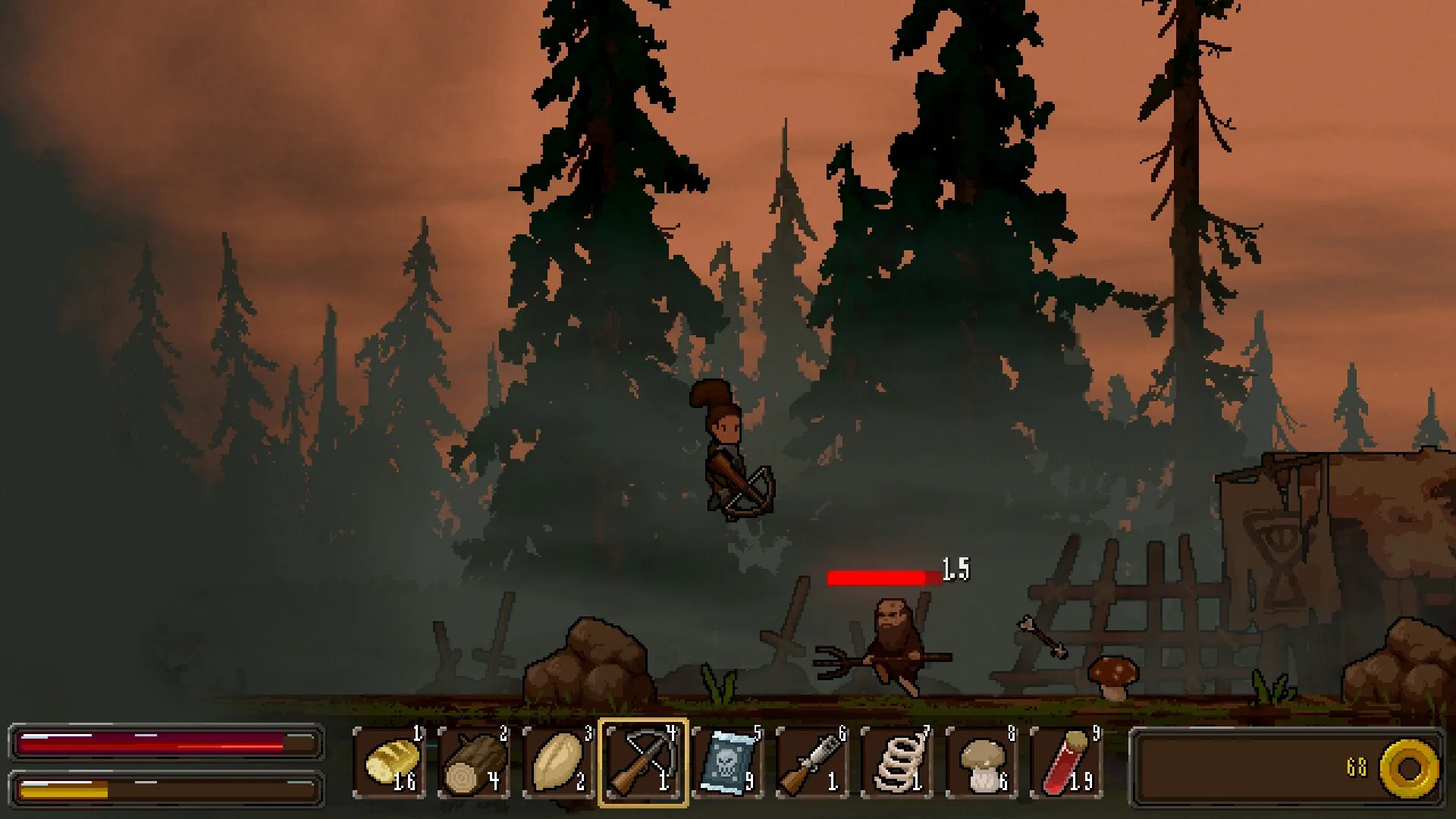 Mistaken: Player leaps with crossbow drawn, facing an enemy in misty forest clearing with inventory visible.