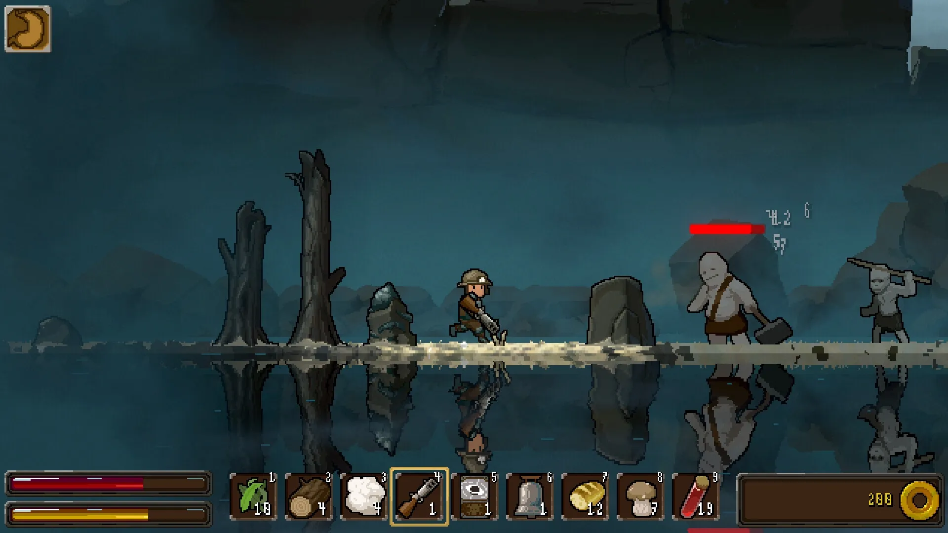Mistaken: Player character with rifle confronts two enemies on a misty path, UI inventory displayed below