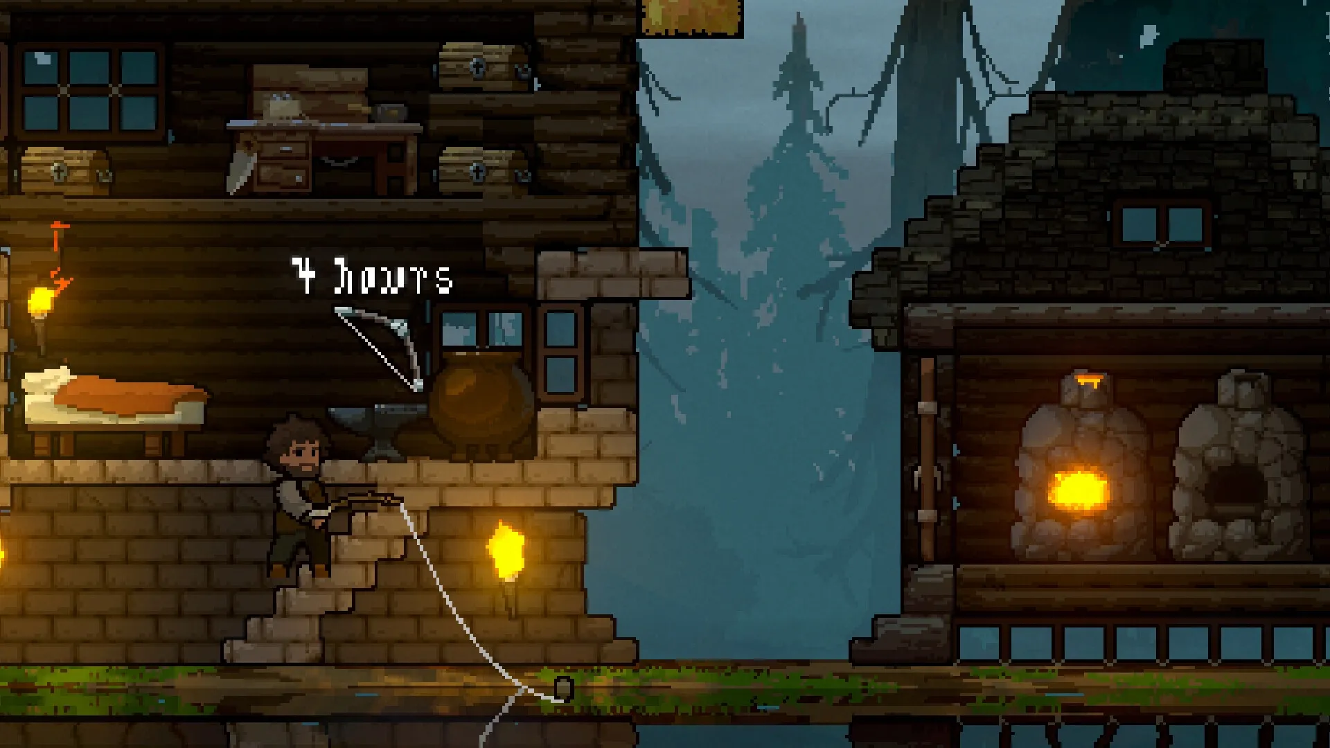 Mistaken: Character fishing outside a wooden house with lit torches and misty forest background