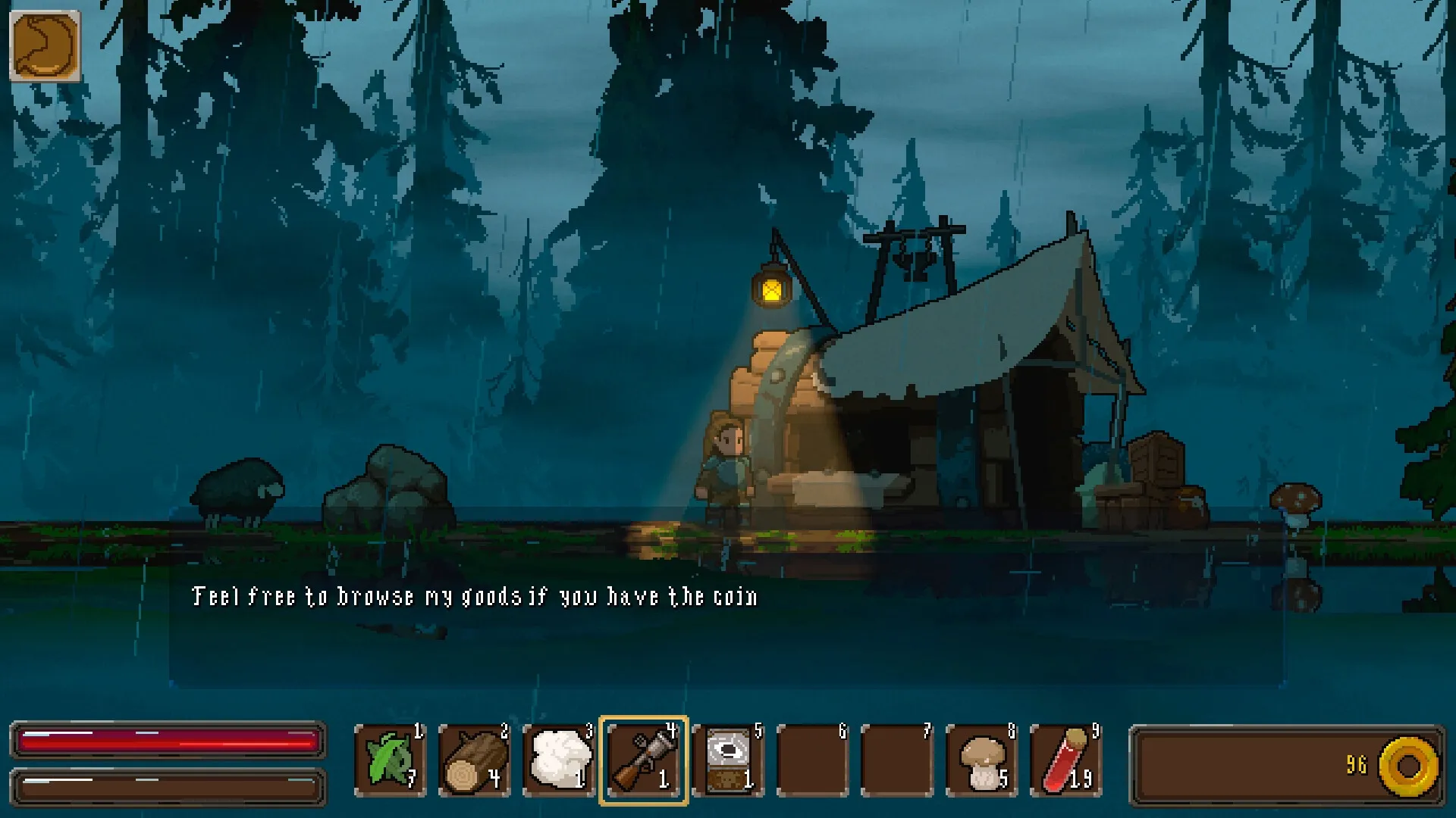 Mistaken: Character stands by a lit merchant tent in a misty forest with inventory and dialogue UI visible.
