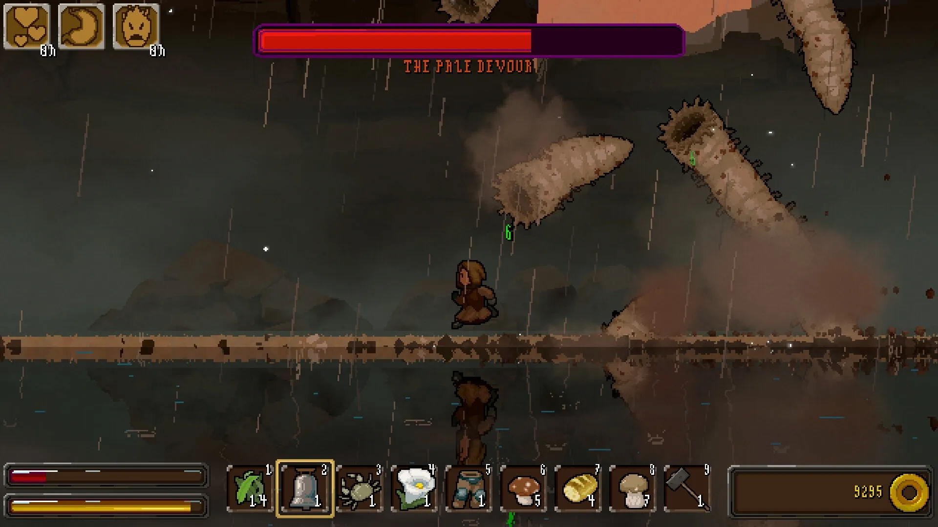 Mistaken: Player battles giant worm boss "The Pale Devourer" in a rain-soaked, misty landscape