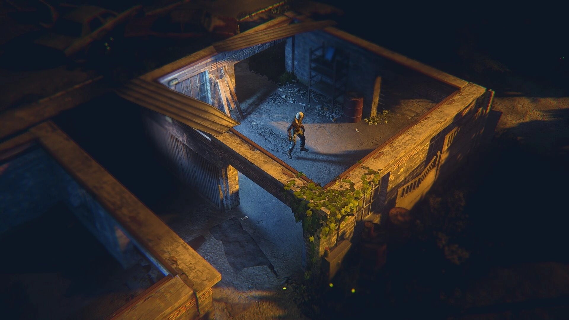 MISTERY: A lone character explores a dimly lit, abandoned building at night, surrounded by shadows.