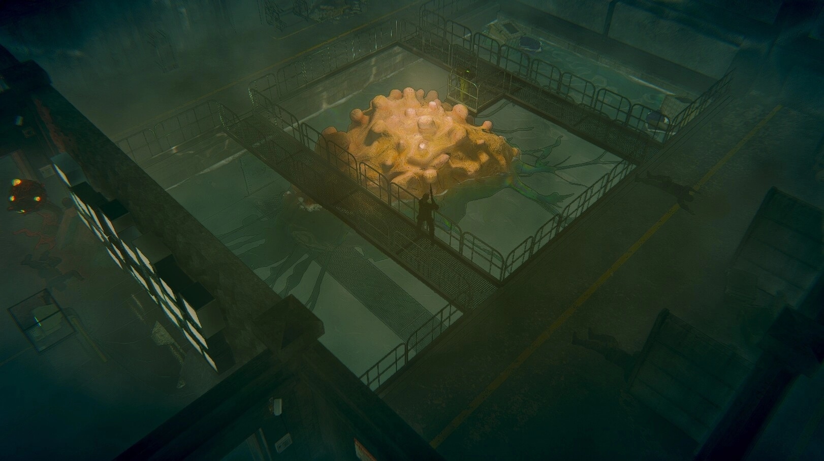 MISTERY: Player confronts a glowing creature in a dimly lit industrial facility with fenced walkways