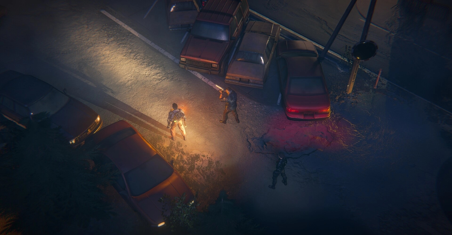 MISTERY: Two players confront a monster near abandoned cars on a dimly lit road at night.
