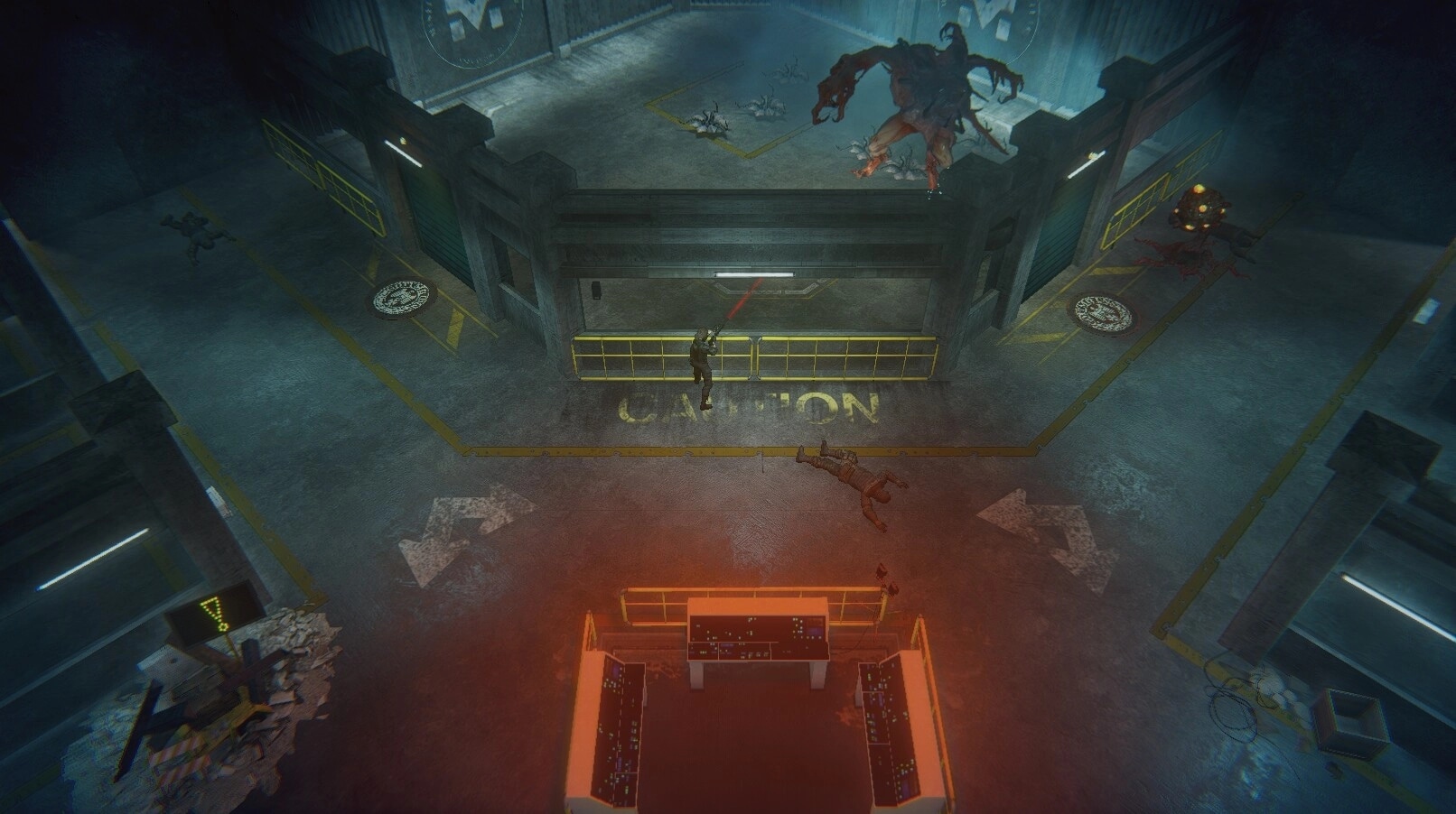 MISTERY: Player aiming at a large monster in a dimly lit industrial facility with caution signs visible.