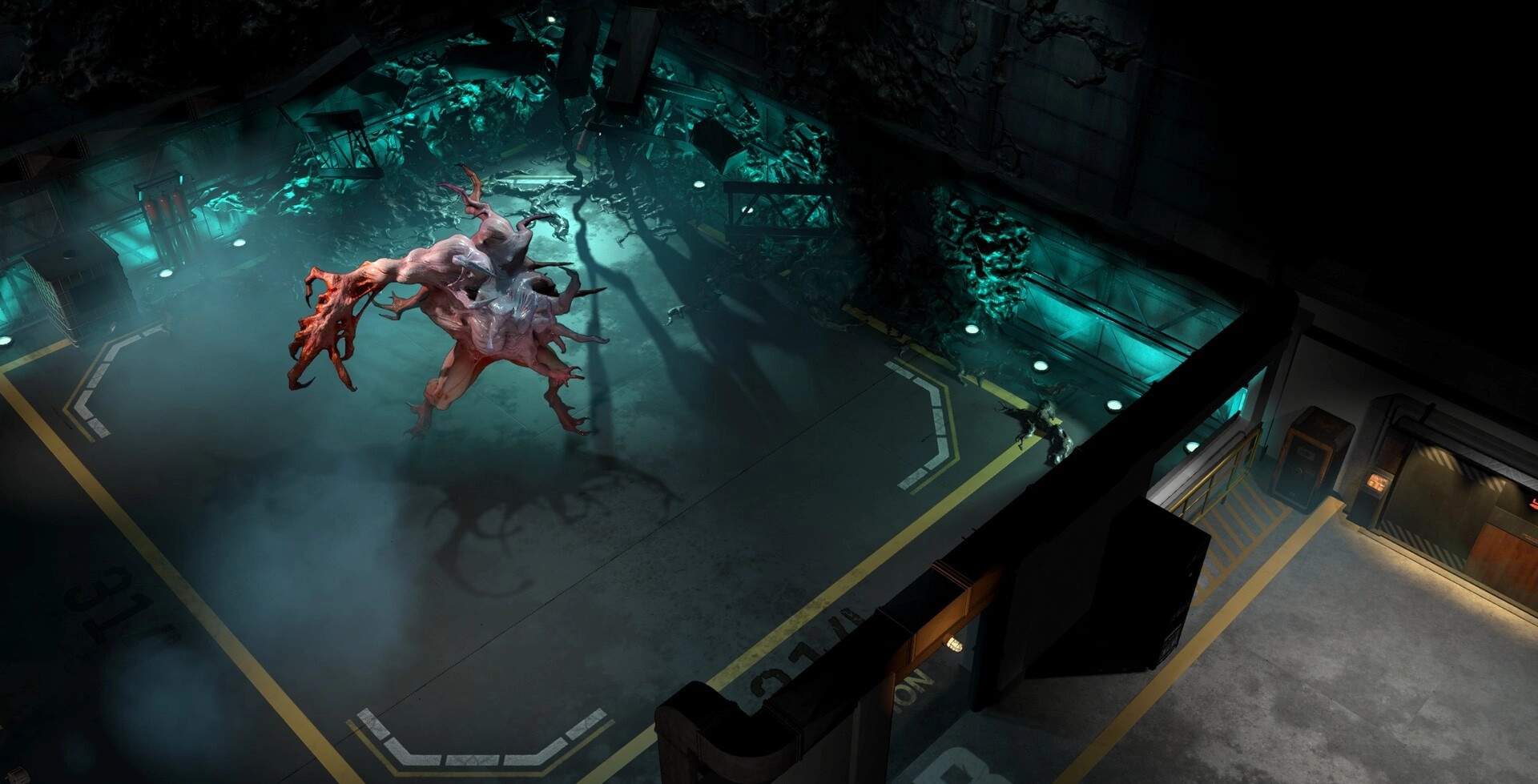 MISTERY: Gigantic monster confronts players in dimly lit industrial arena with teal glowing walls.