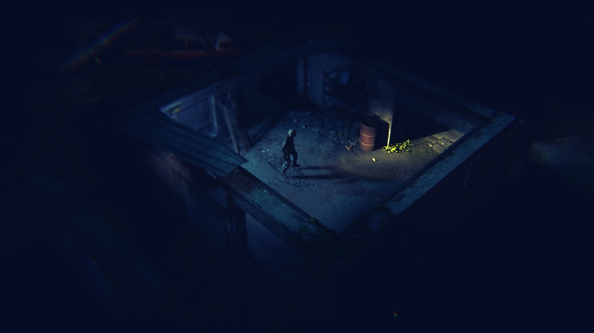 MISTERY: Lone character explores dimly lit abandoned building with a barrel and shelves, casting shadows.