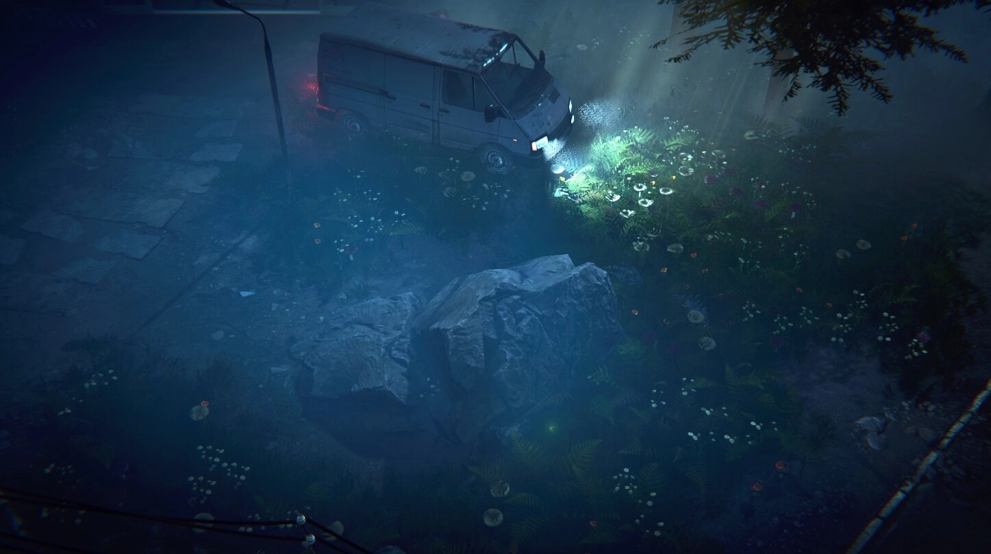 MISTERY: Van with headlights on in a dark forest, illuminating rocks and foliage around in the mist.