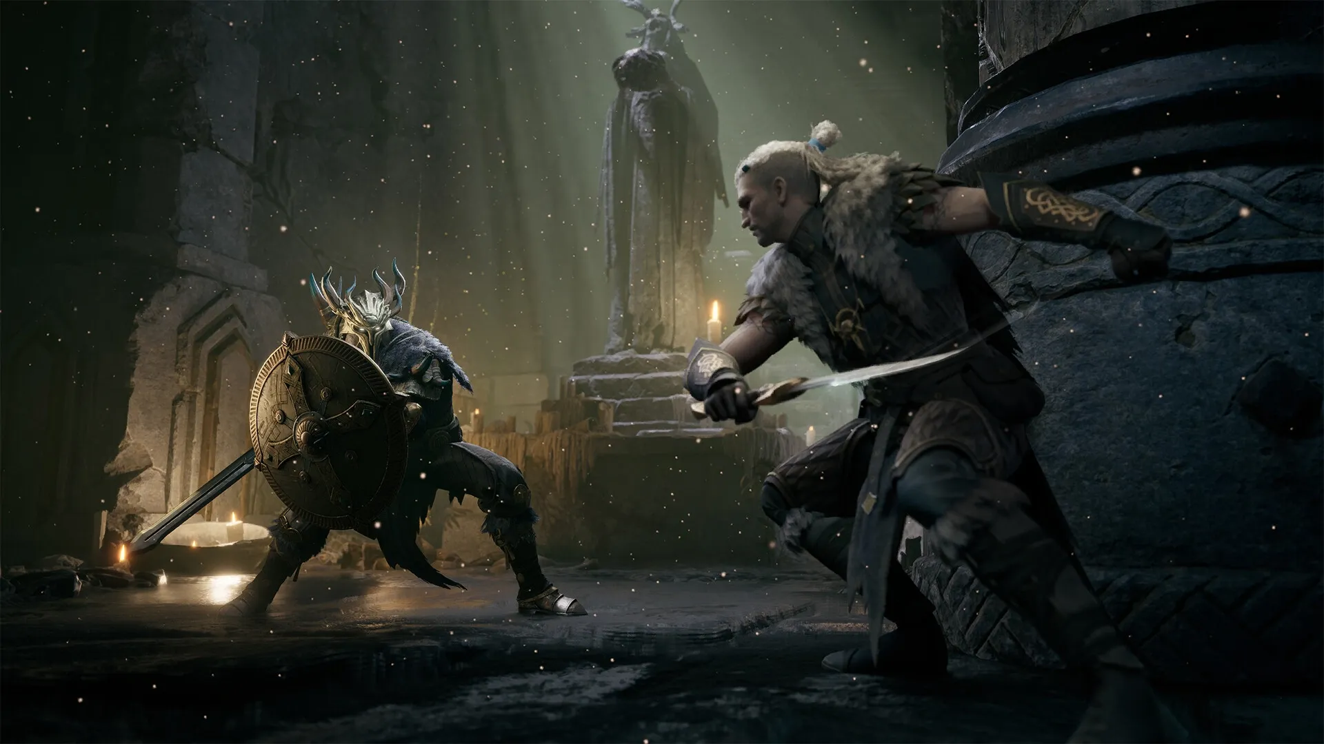 Mistfall Hunter: Two warriors in intense combat inside ancient temple with candles and statues
