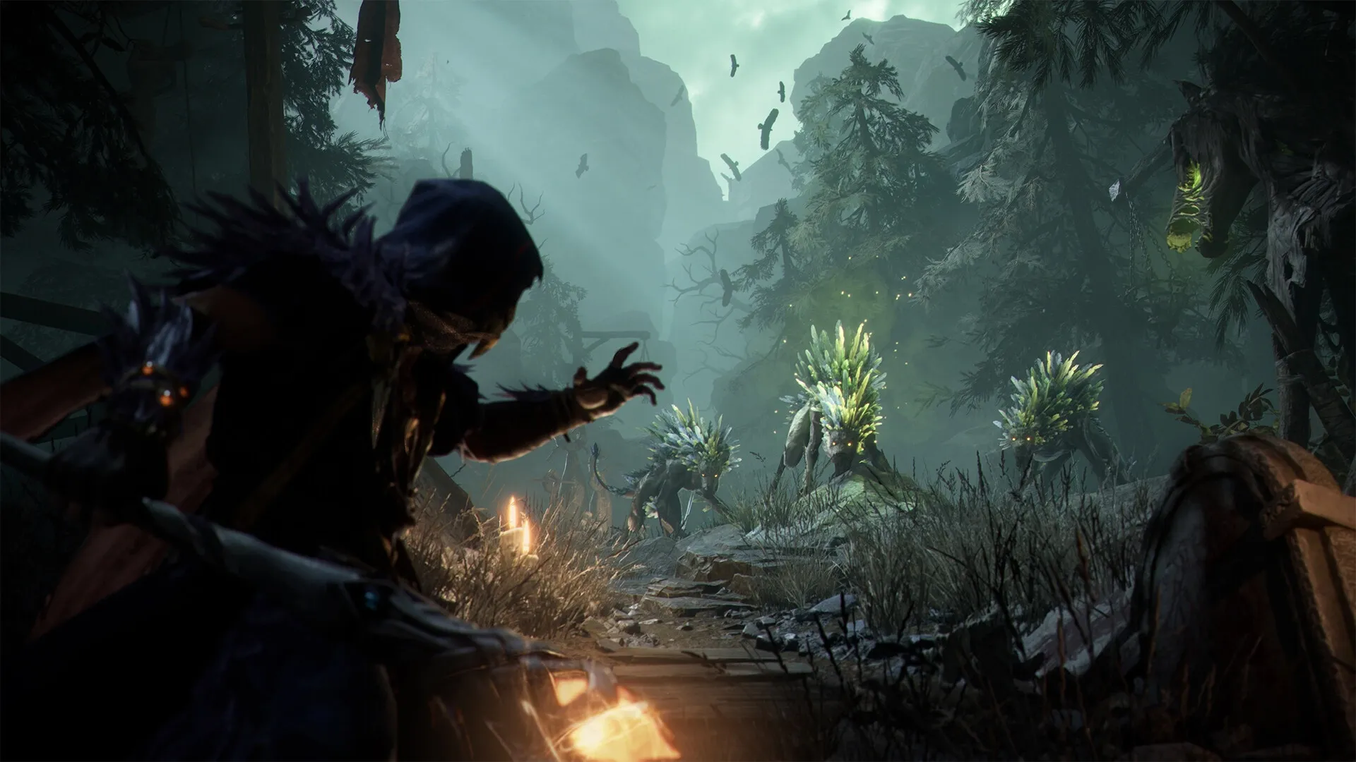 Mistfall Hunter: Stealthy player readies magic against spiky creatures in a shadowy forest setting