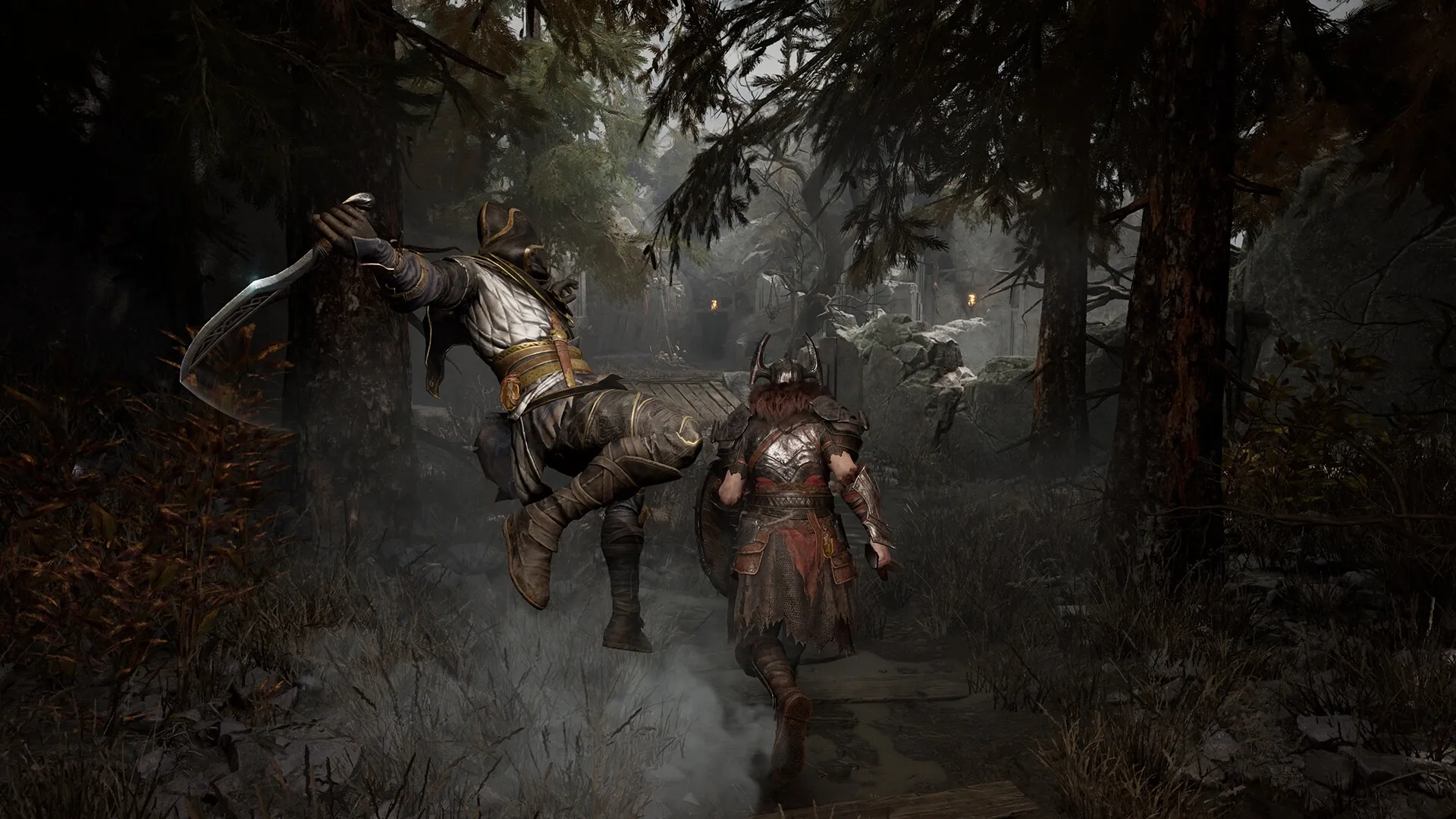 Mistfall Hunter: Two armored characters advance through a dark forest, one leaping with a drawn sword.