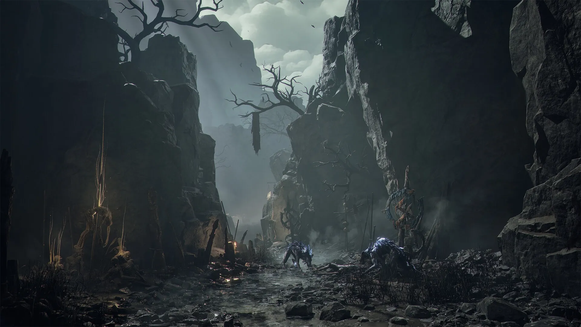 Mistfall Hunter: Dark canyon with eerie trees and two glowing beasts amid rocky terrain