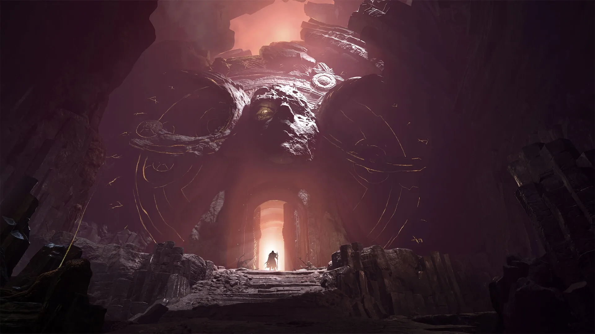Mistfall Hunter: Lone figure approaches giant stone face in shadowy cavern with glowing entrance ahead