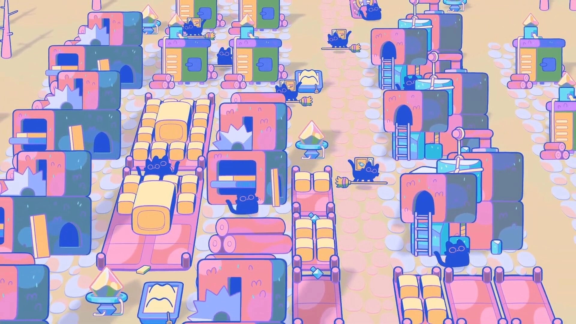 Mistpaw Ravine: Cats roam colorful village with pastel houses and scattered magical crystals