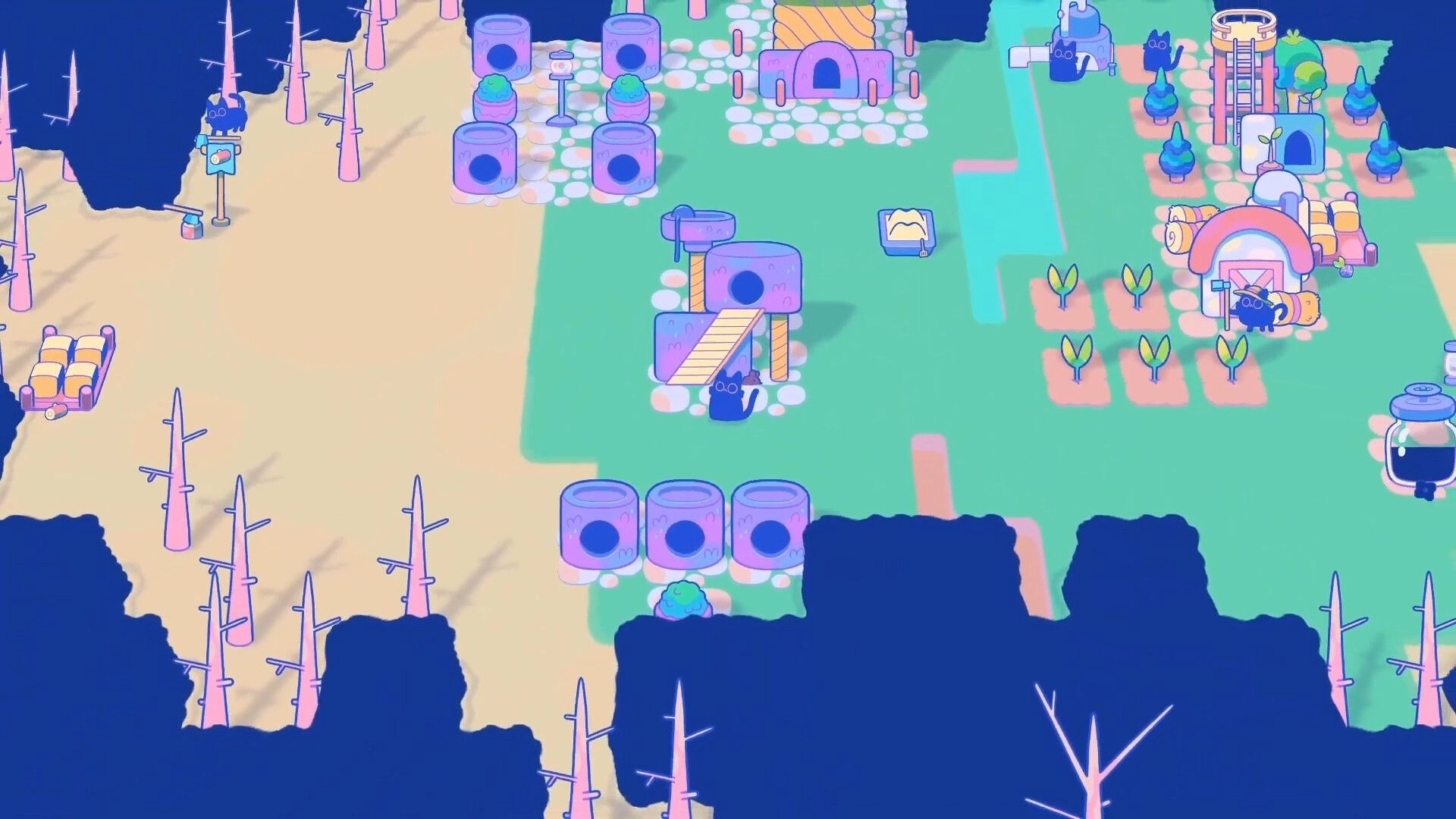 Mistpaw Ravine: Cats explore colorful village with cat towers, gardens, and mysterious structures