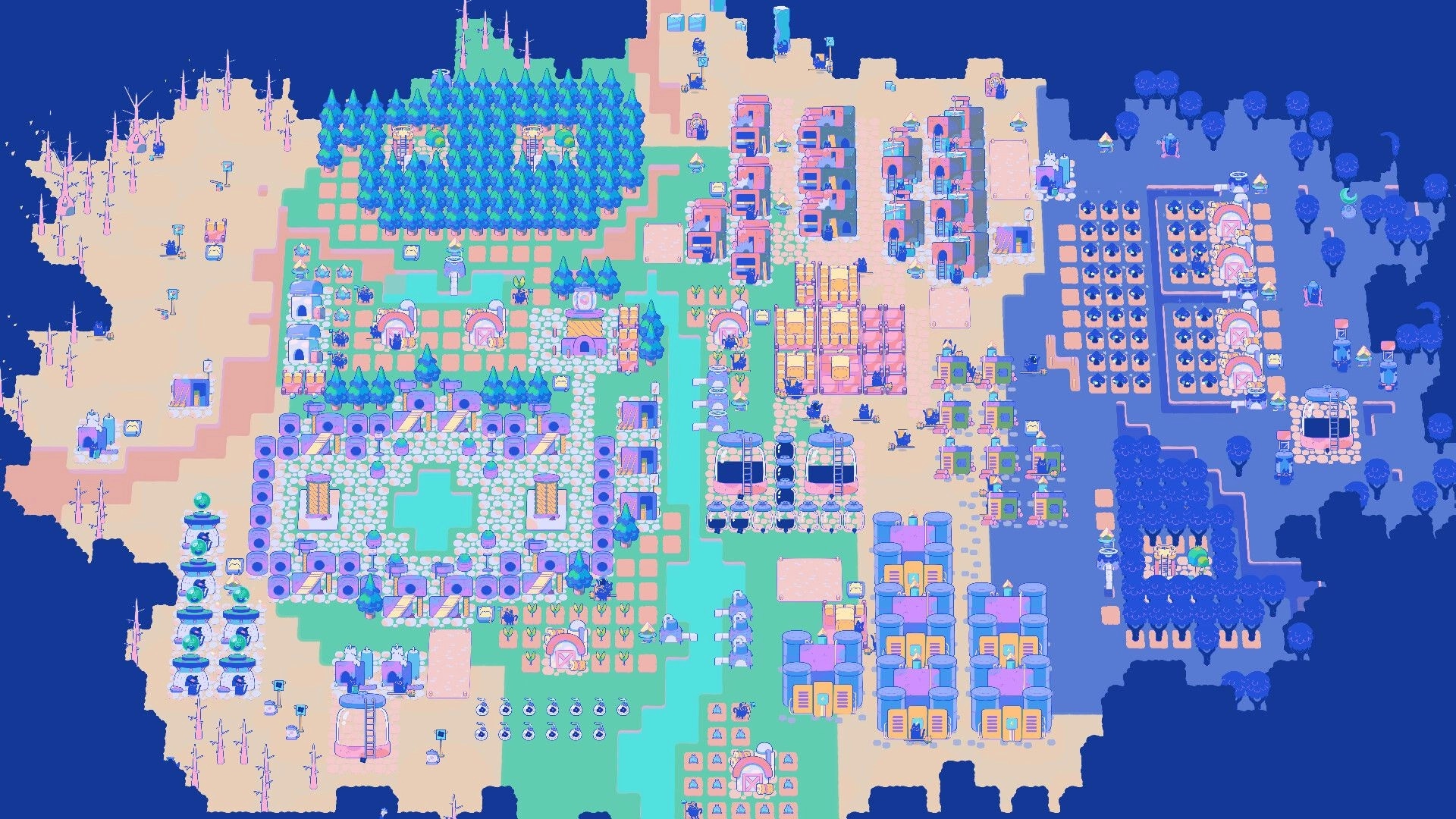 Mistpaw Ravine: Overhead view of a vibrant cat city with buildings, forests, and various structures