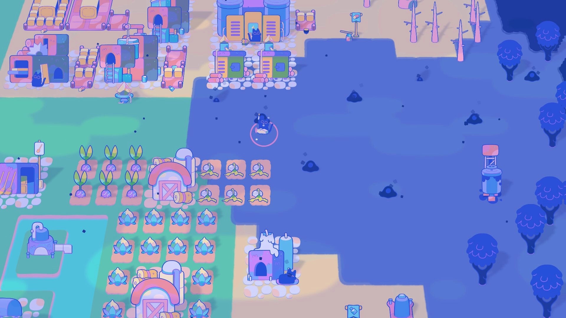 Mistpaw Ravine: Cats roam near buildings and crops in a vibrant city with trees and a toxic mist boundary.