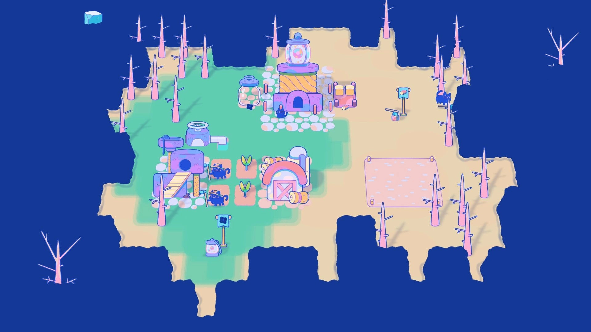 Mistpaw Ravine: Cats tending farms and structures in a whimsical, pastel-colored island landscape