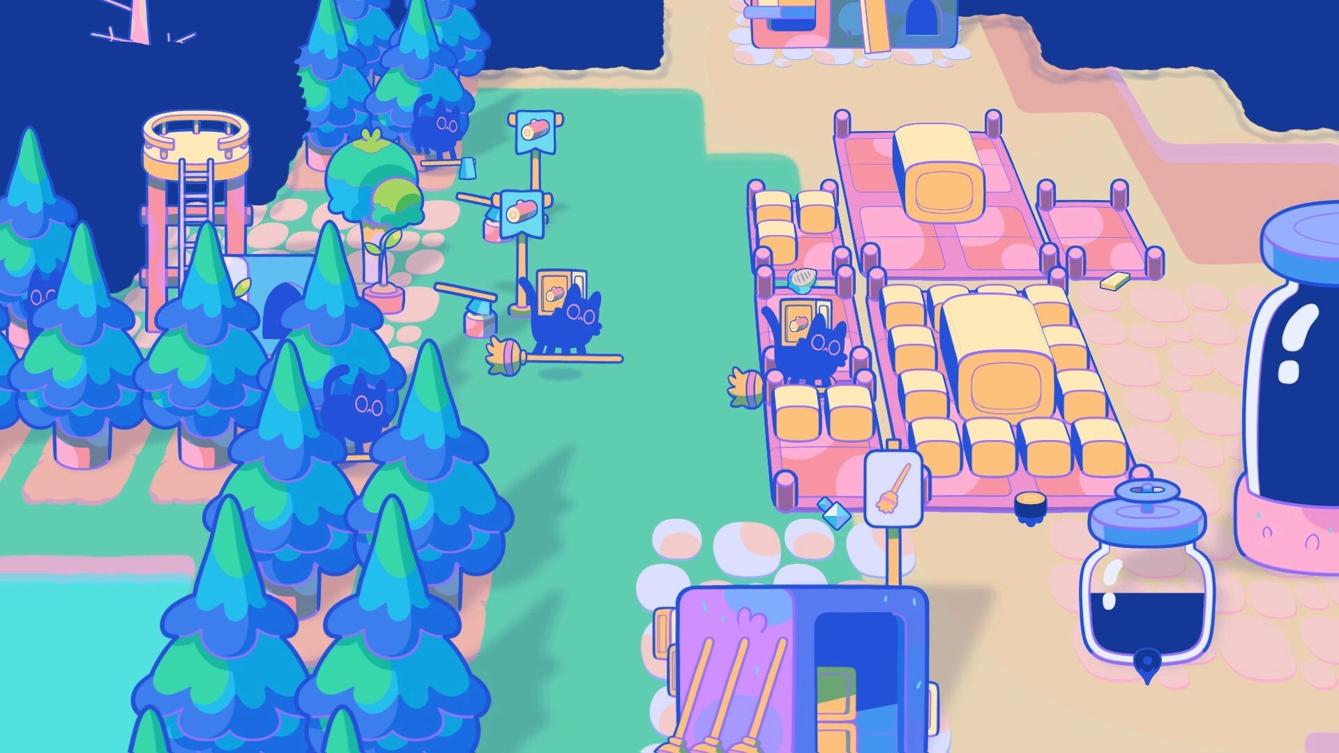 Mistpaw Ravine: Cats managing resources and cleaning in a vibrant forested village environment.