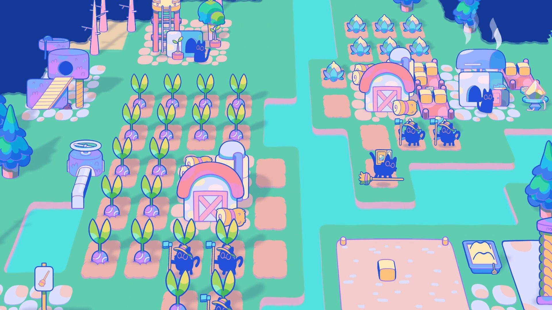 Mistpaw Ravine: Cats tending vibrant crops and structures in a pastel-colored city with trees and pathways