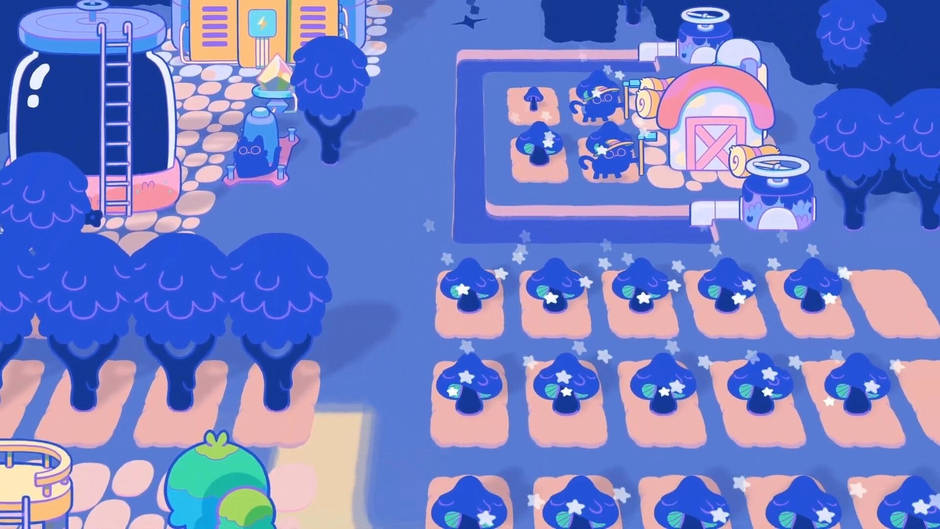 Mistpaw Ravine: Cats tending to mushroom fields beside colorful buildings in a whimsical, magical setting.