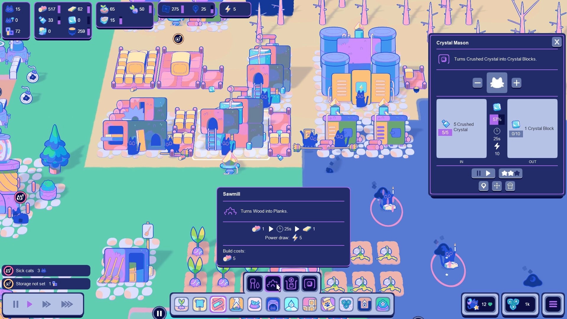 Mistpaw Ravine: Managing resources and crafting in a colorful feline village with active UI elements