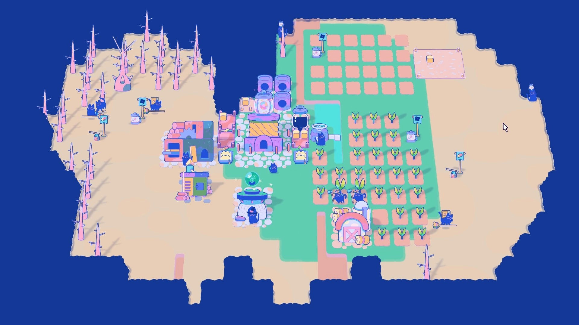 Mistpaw Ravine: Cats tending crops and structures in a vibrant, magical city with barren trees nearby