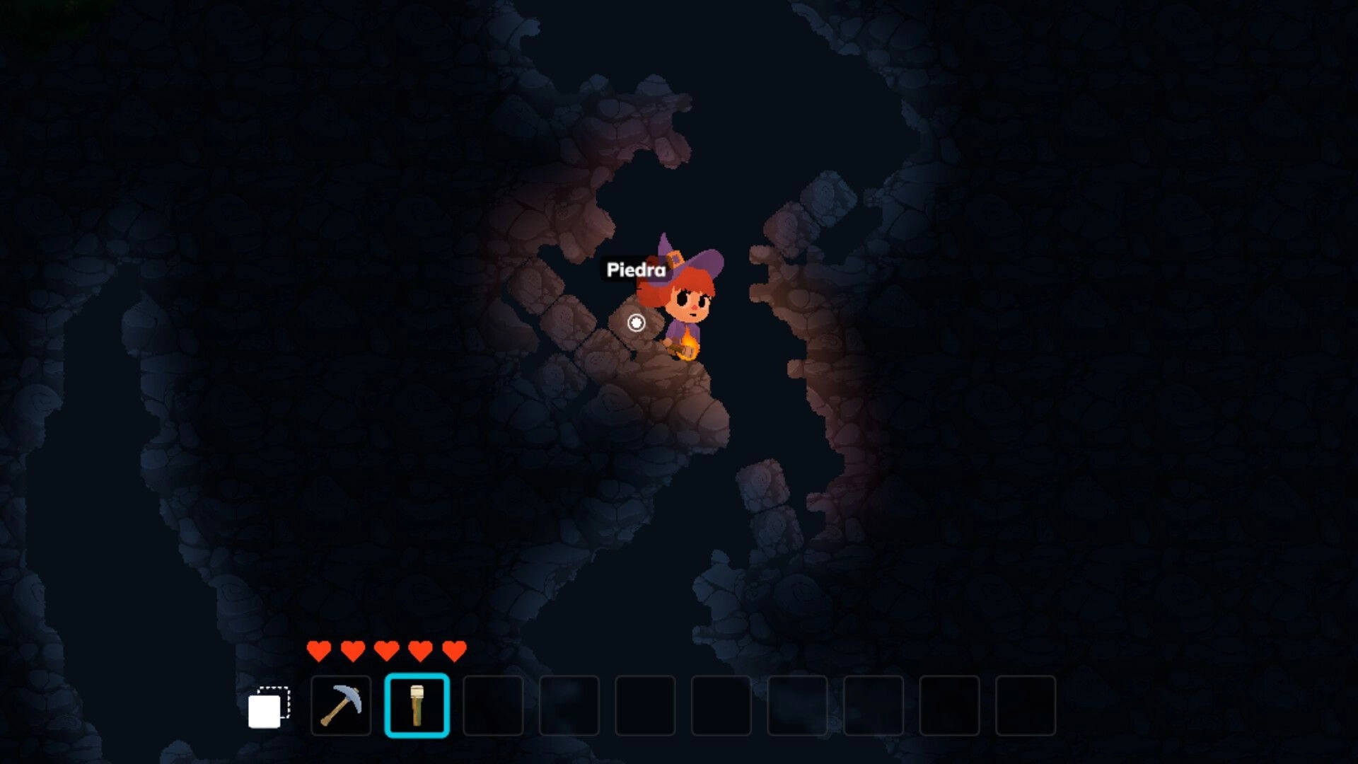 Mito: Character exploring dark cave with visible health bar and inventory showing pickaxe and torch