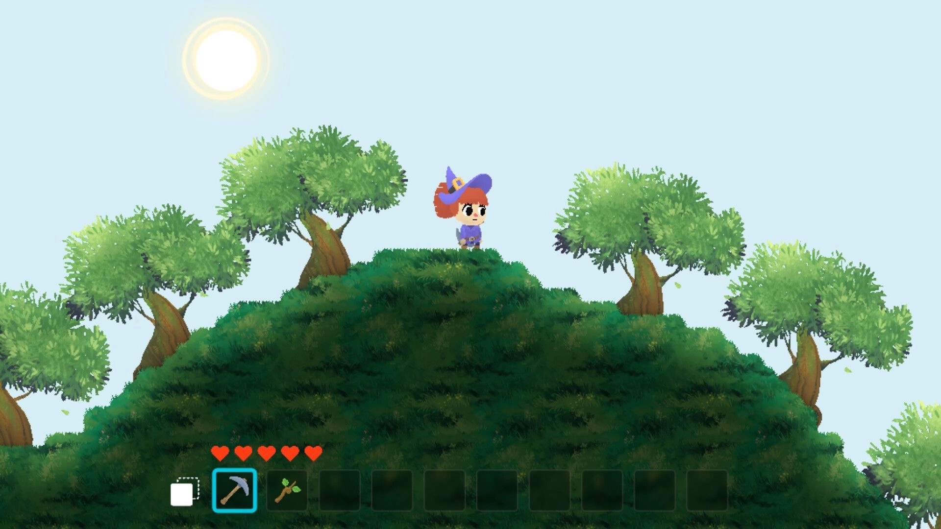Mito: Character in a wizard hat stands on a grassy hilltop with inventory and health hearts displayed