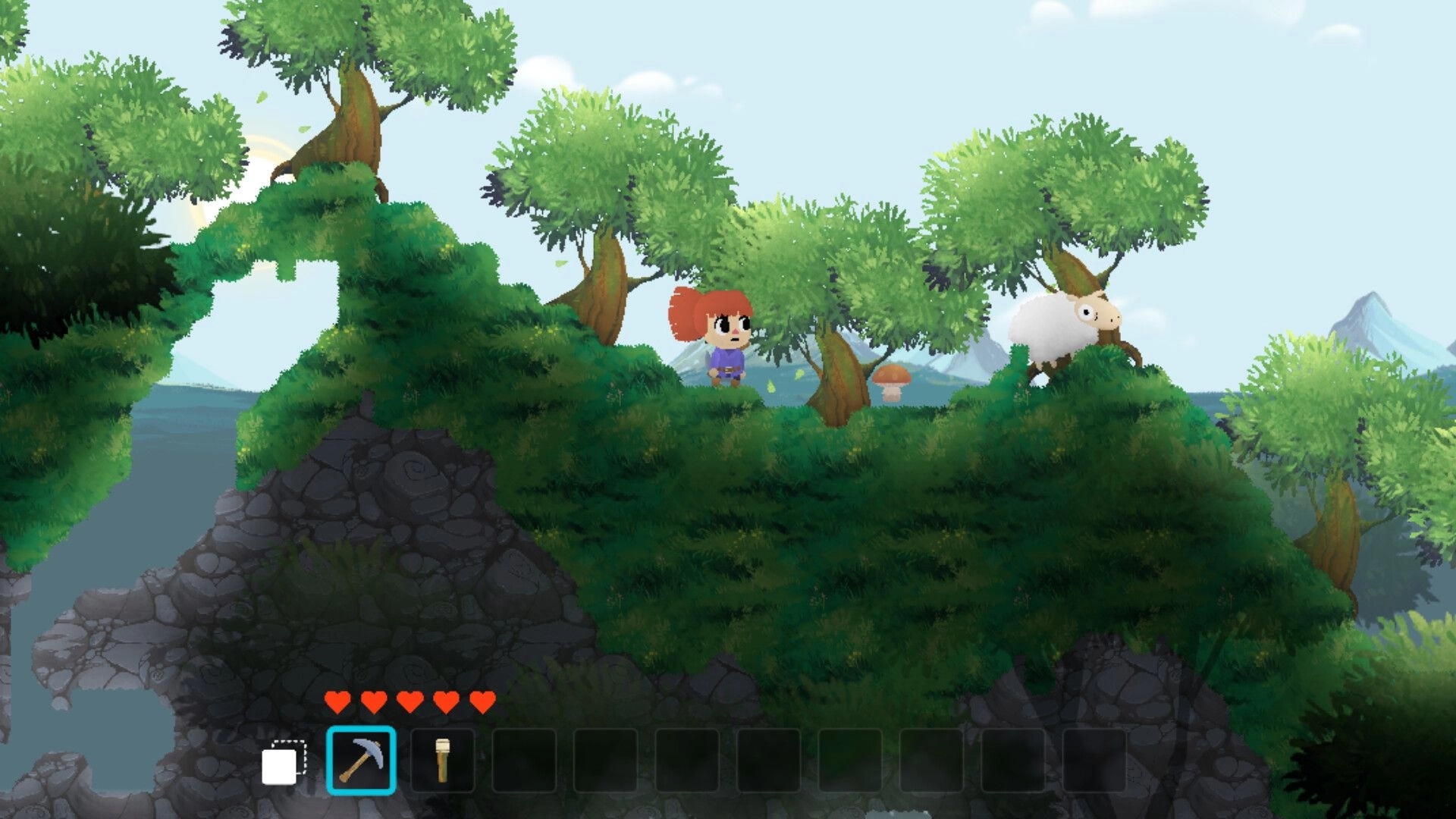 Mito: Character exploring lush hillside with trees and sheep, visible inventory bar showing tools