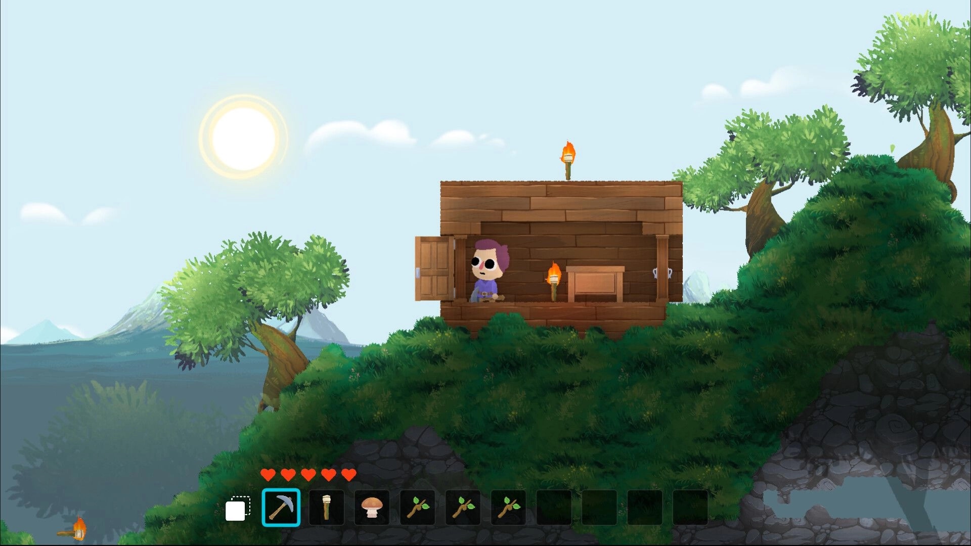 Mito: Character inside wooden house on grassy hill, daytime, with inventory bar at bottom of screen.