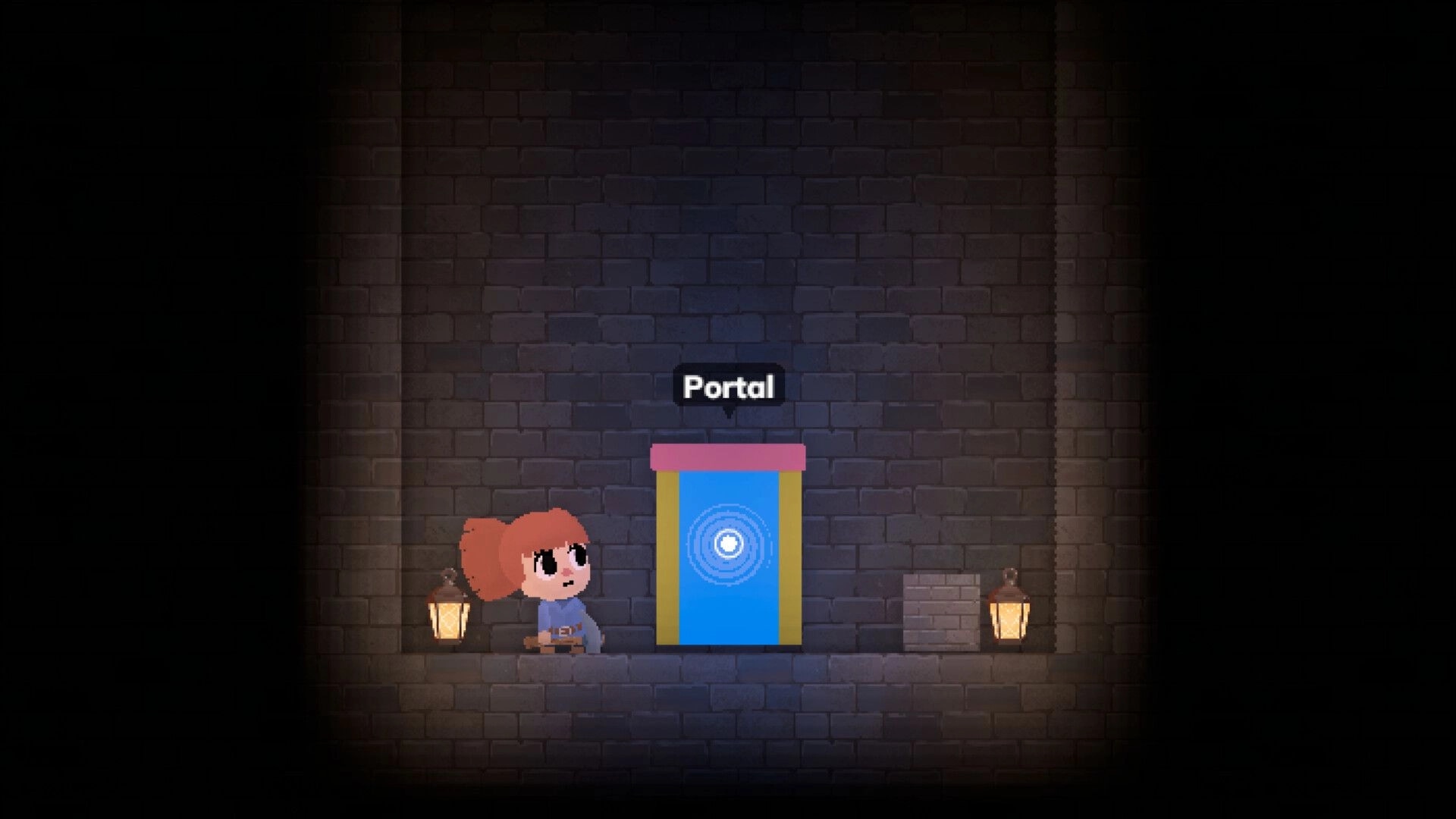 Mito: Character stands in front of a glowing portal in a dim dungeon with brick walls and lanterns.