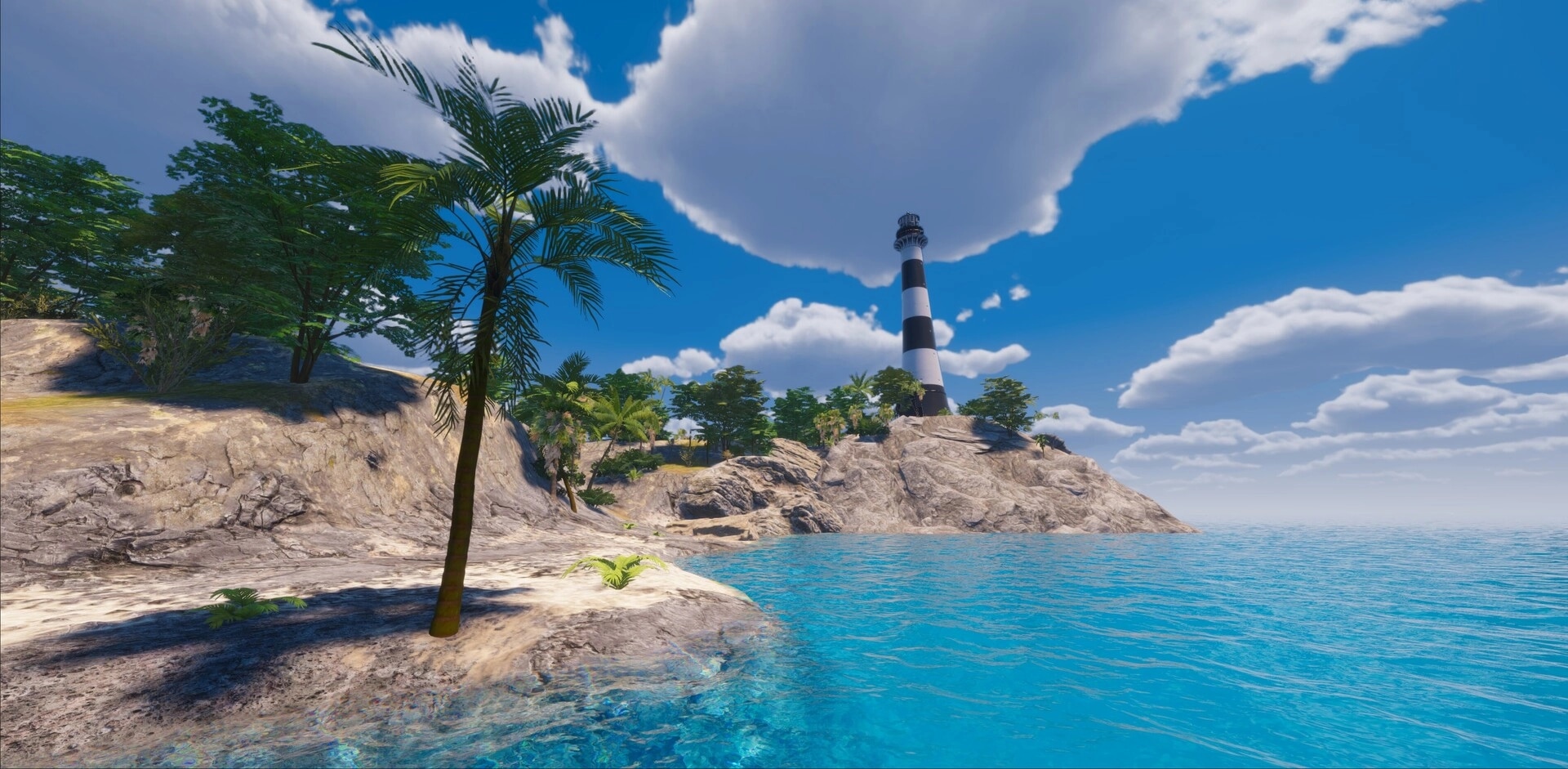 MLF: Scenic coastal view with striped lighthouse on rocky shore beside clear blue ocean water.