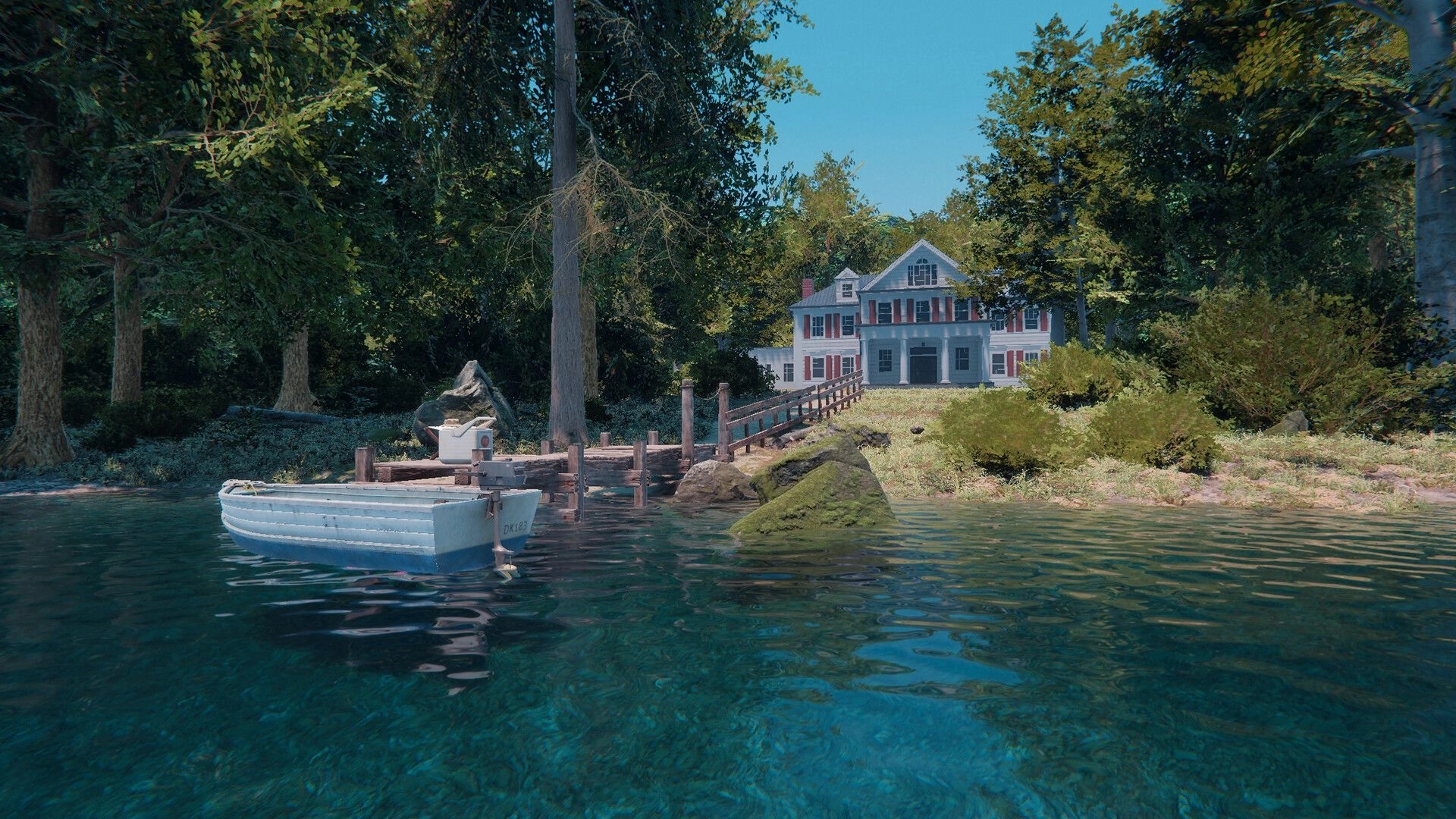 MLF: Small fishing boat moored by a wooden dock near a lakeside house in dense forest shore.