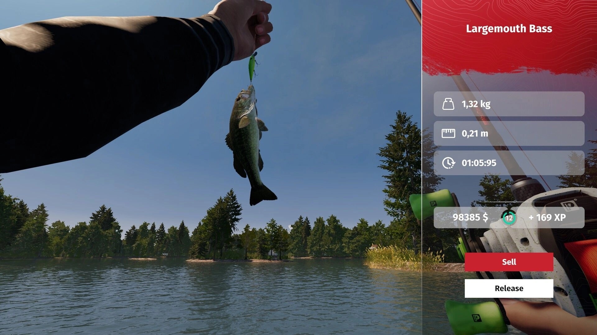MLF: Player holds a largemouth bass catch with sell/release UI over a calm forest lake shore.