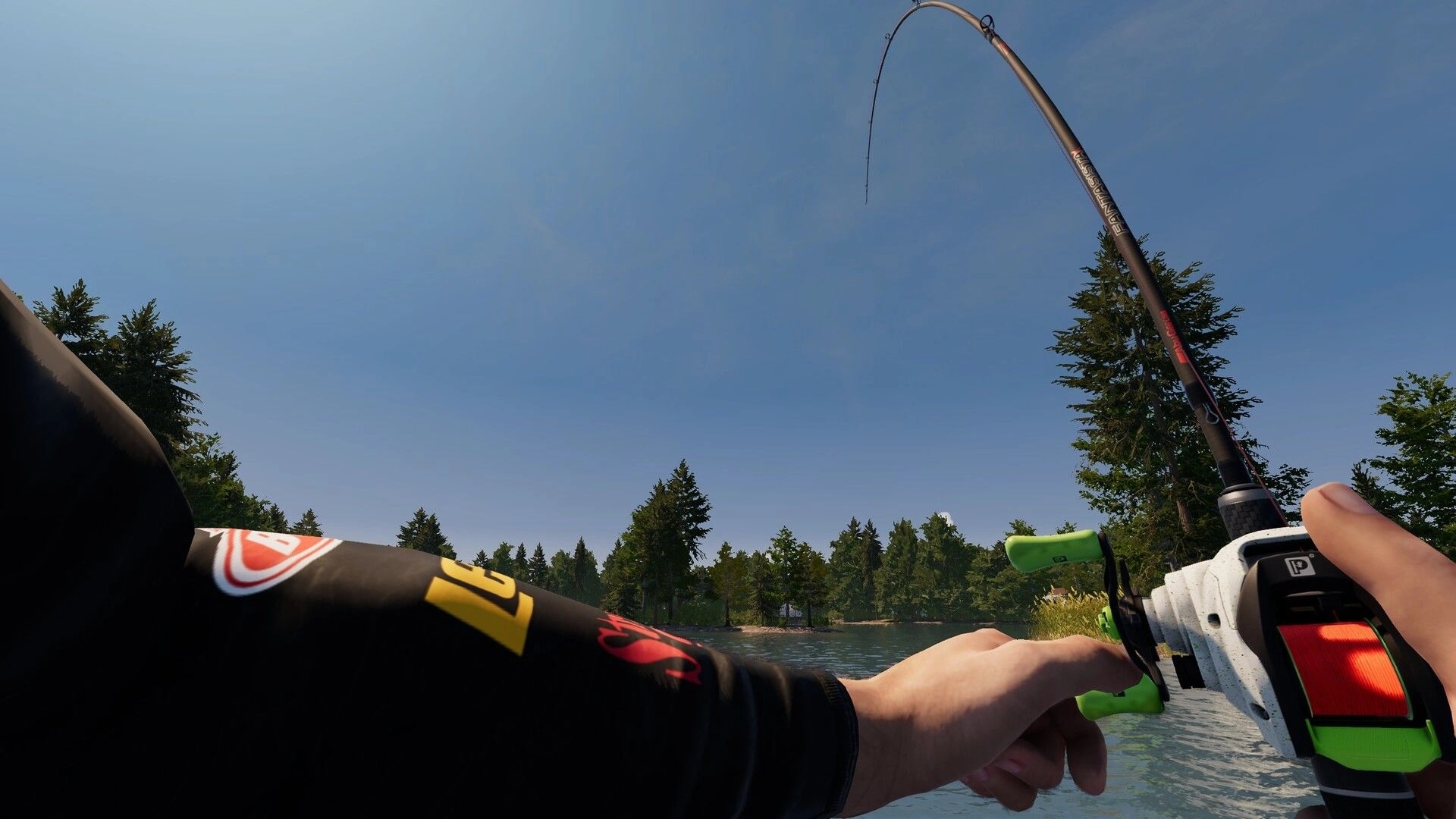 MLF: First-person view reeling a bent fishing rod over a calm lake with forested shoreline ahead.