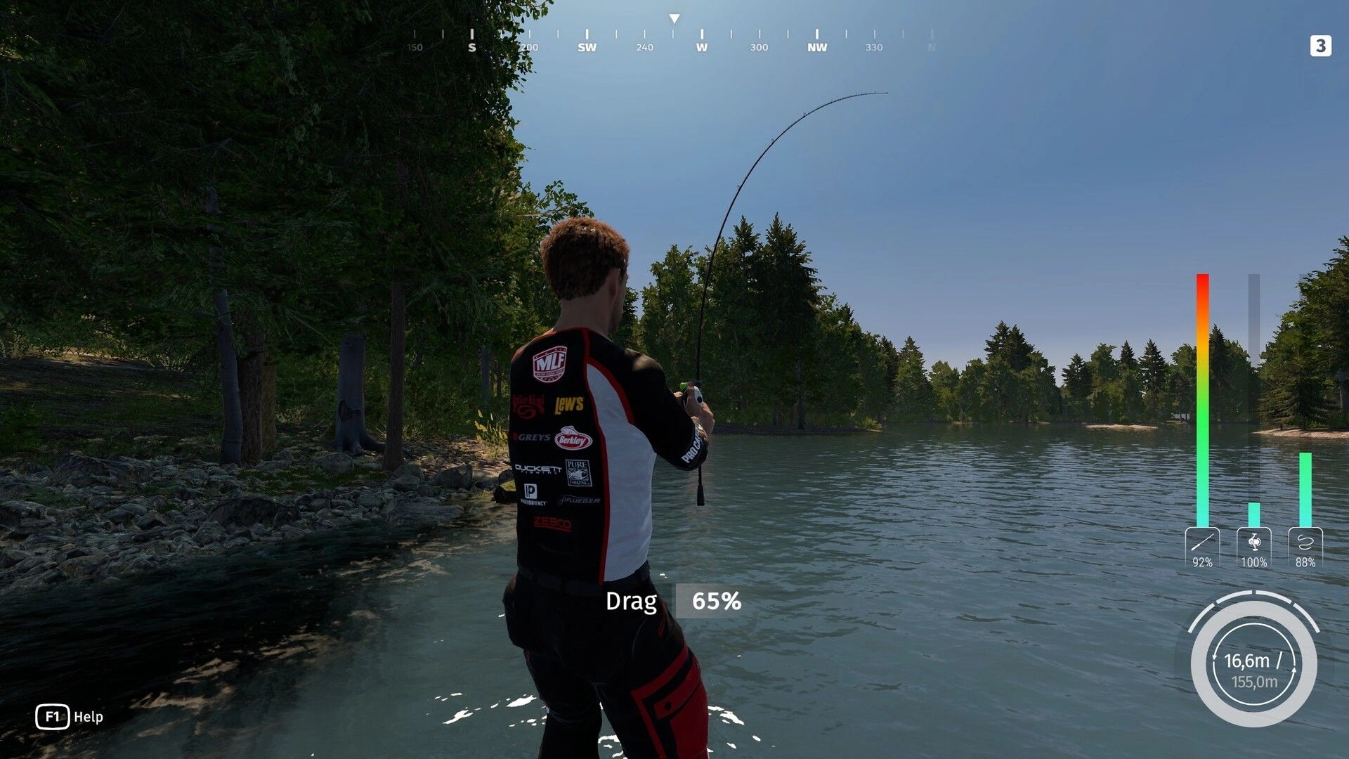 MLF: Angler reeling with bent rod as drag 65% UI overlays a calm forested lake shoreline.
