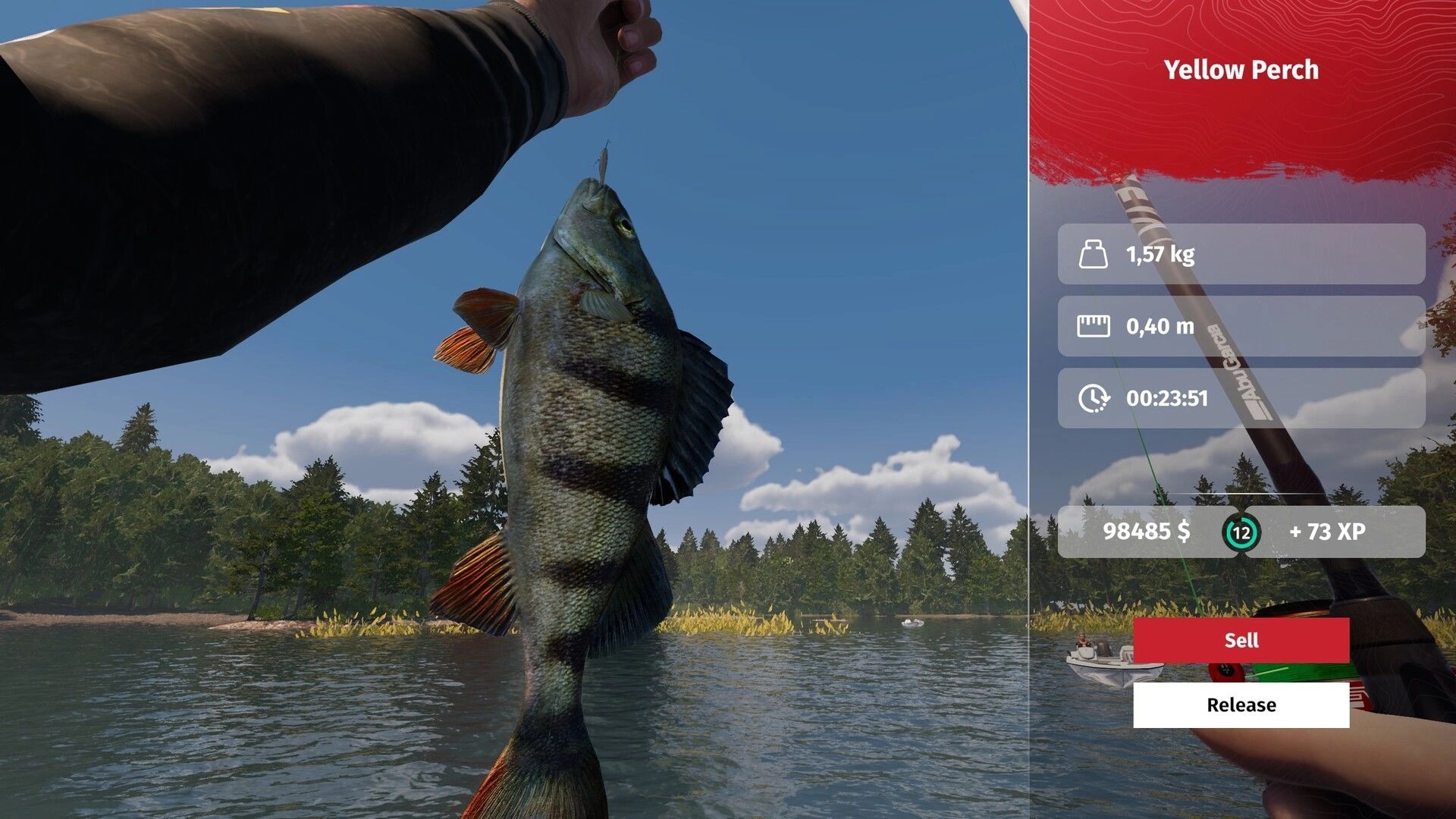 MLF: Player holds a yellow perch with catch stats and sell/release UI over a forest lake scene.