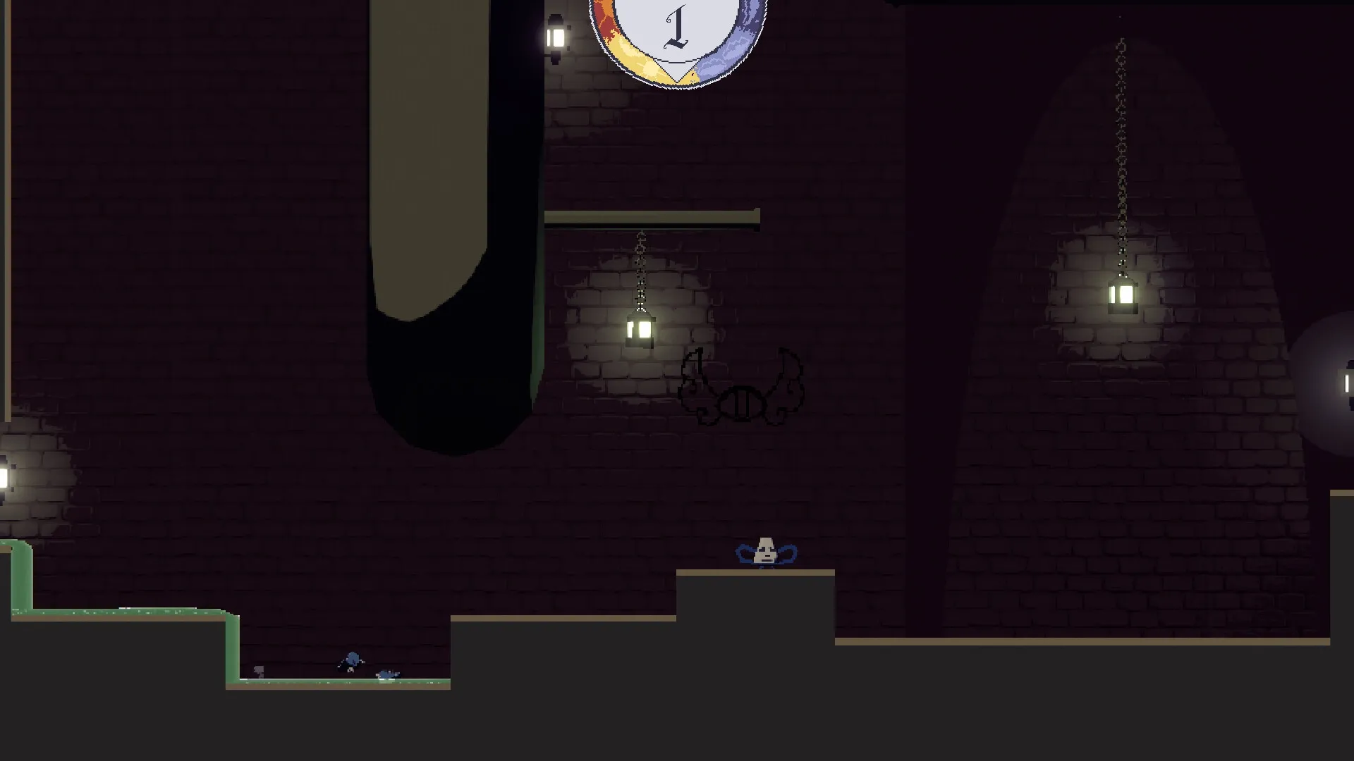 Mo The Moai: Moai character running through dark underground chamber with hanging lanterns and obstacles