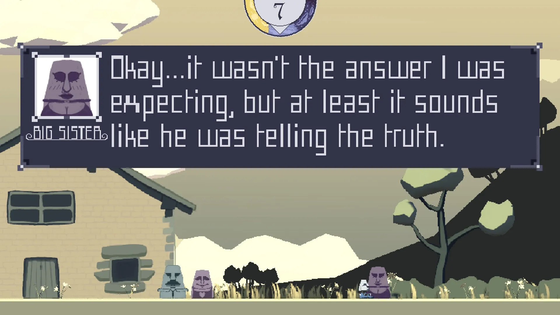 Mo The Moai: Dialogue with Big Sister outside a house in a field, day 7 countdown visible