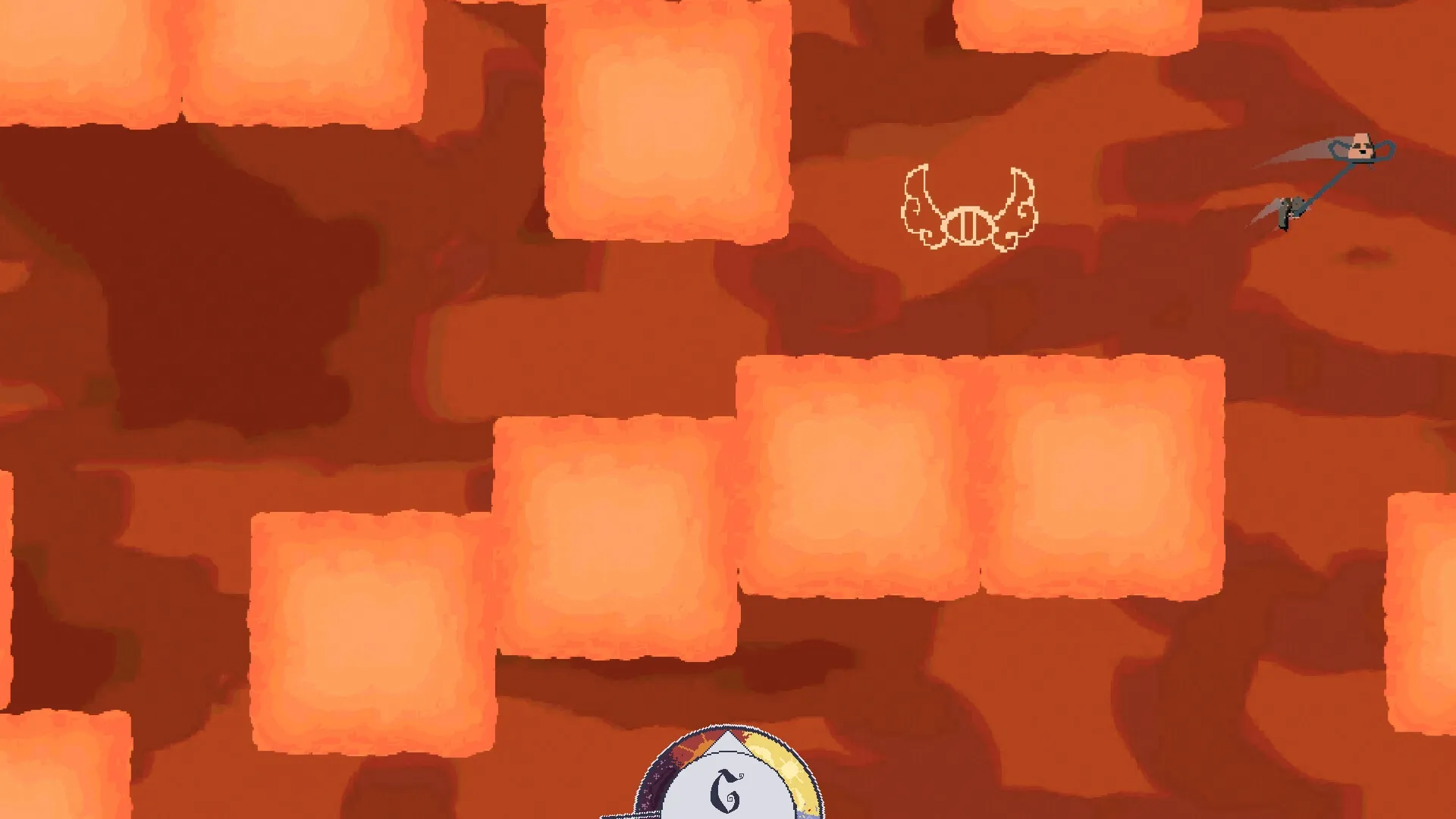 Mo The Moai: Mo swings on a grappling hook through fiery platforms in a lava-filled cavern environment