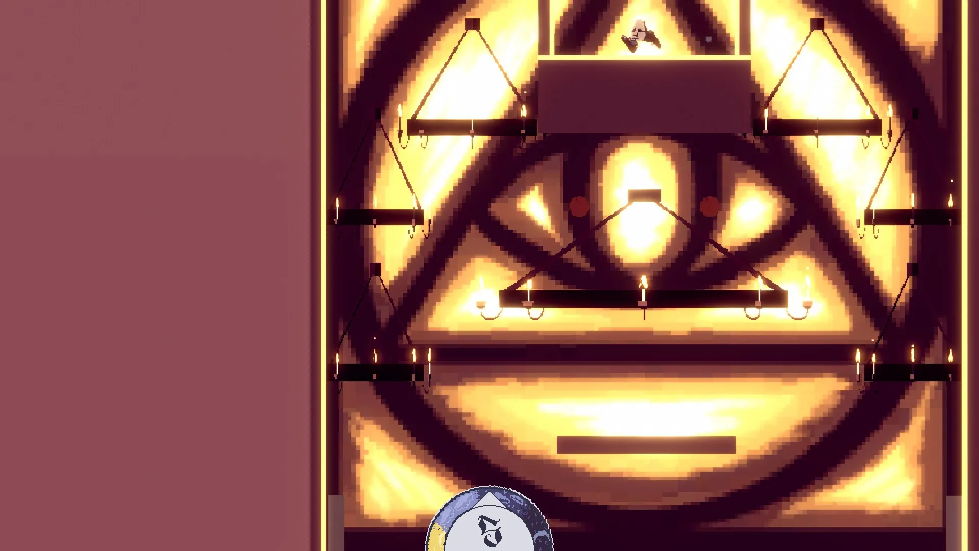 Mo The Moai: Mo jumping between glowing platforms in a dimly lit chamber with hanging lights