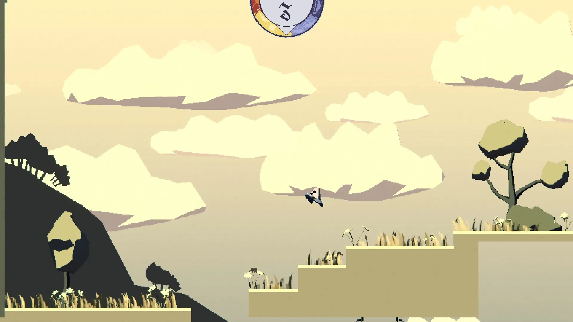 Mo The Moai: Mo jumps across platforms in a sunset landscape with a timer at the top center.