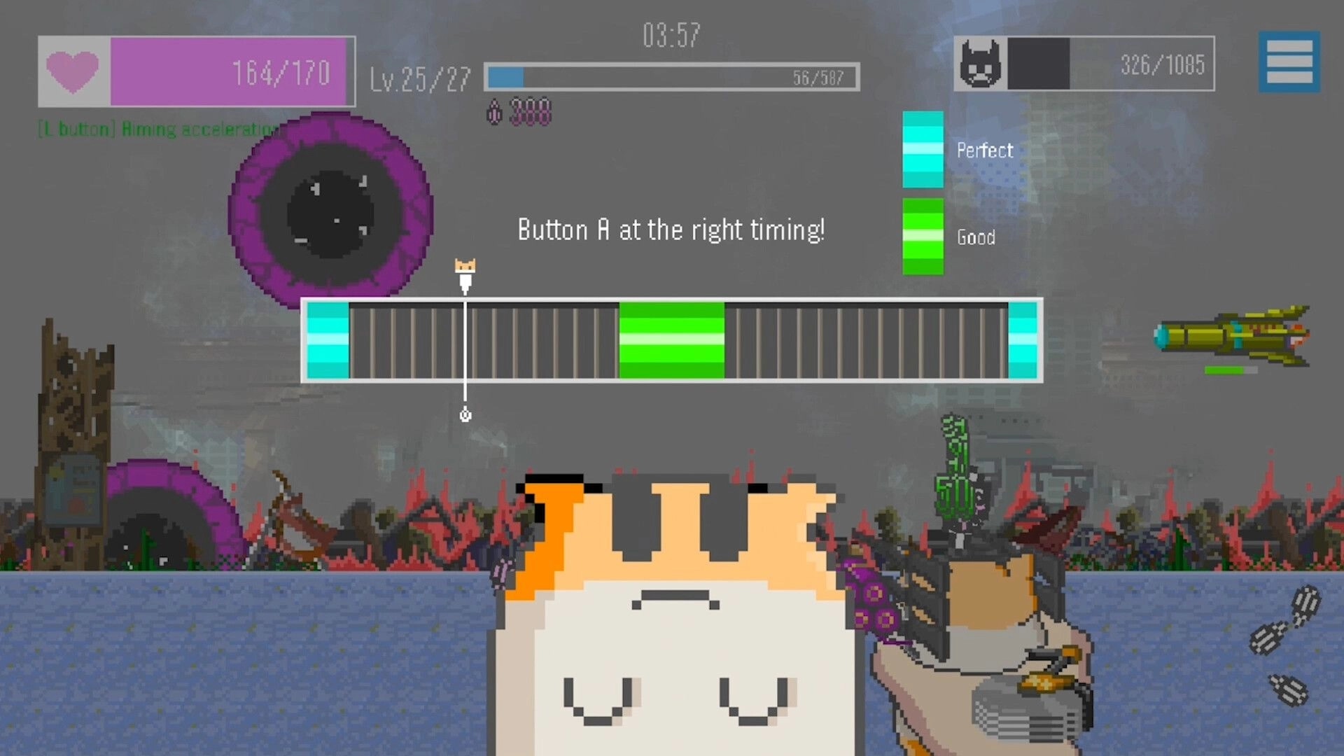 MOCHI-O: Timing mini-game with health bar and missile attack in post-apocalyptic defense setting