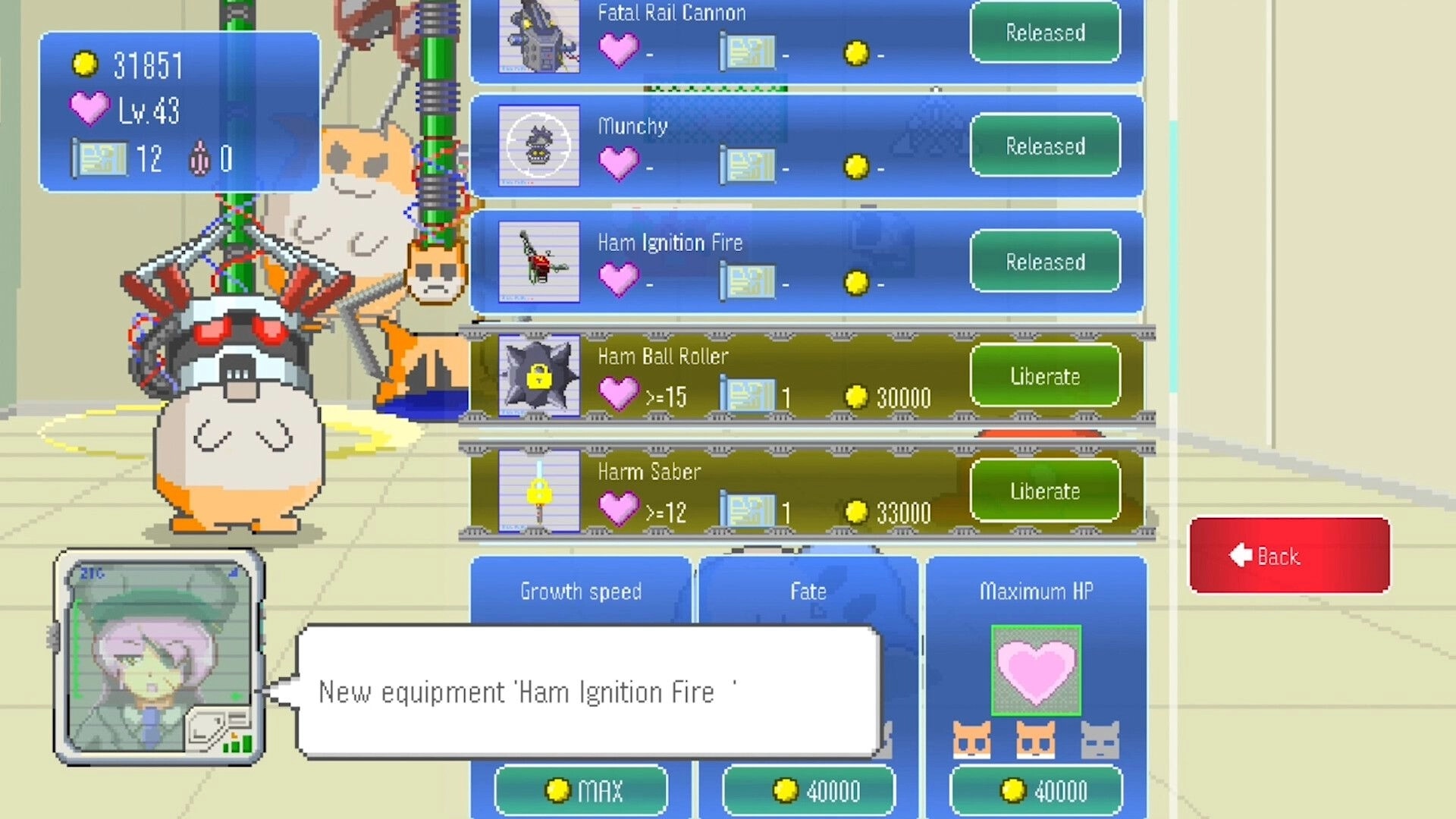 MOCHI-O: Equipment menu displaying new 'Ham Ignition Fire' with character stats and currency shown