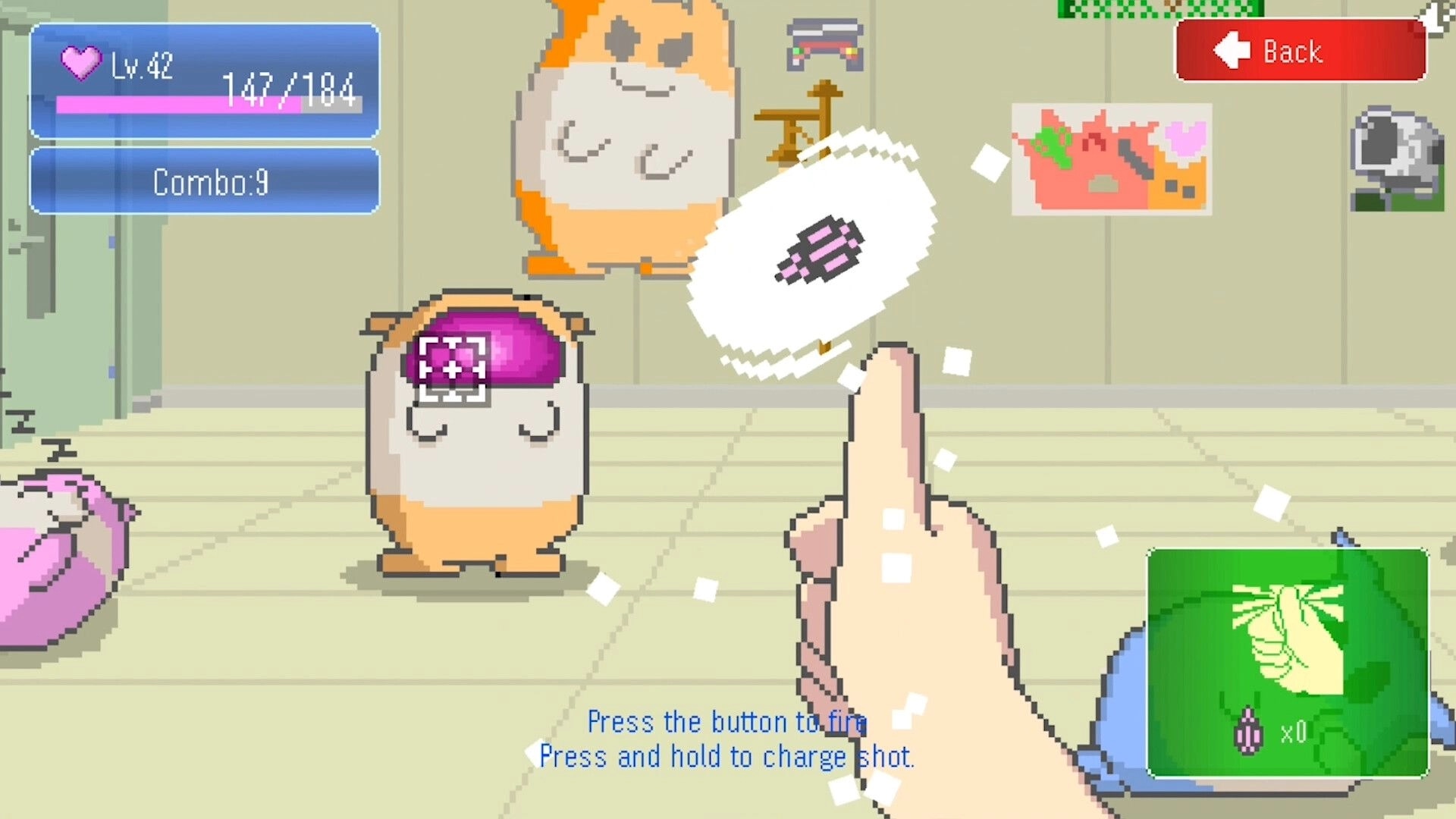 MOCHI-O: Player charges attack at MOCHI-O in room with health bar and combo display on screen.