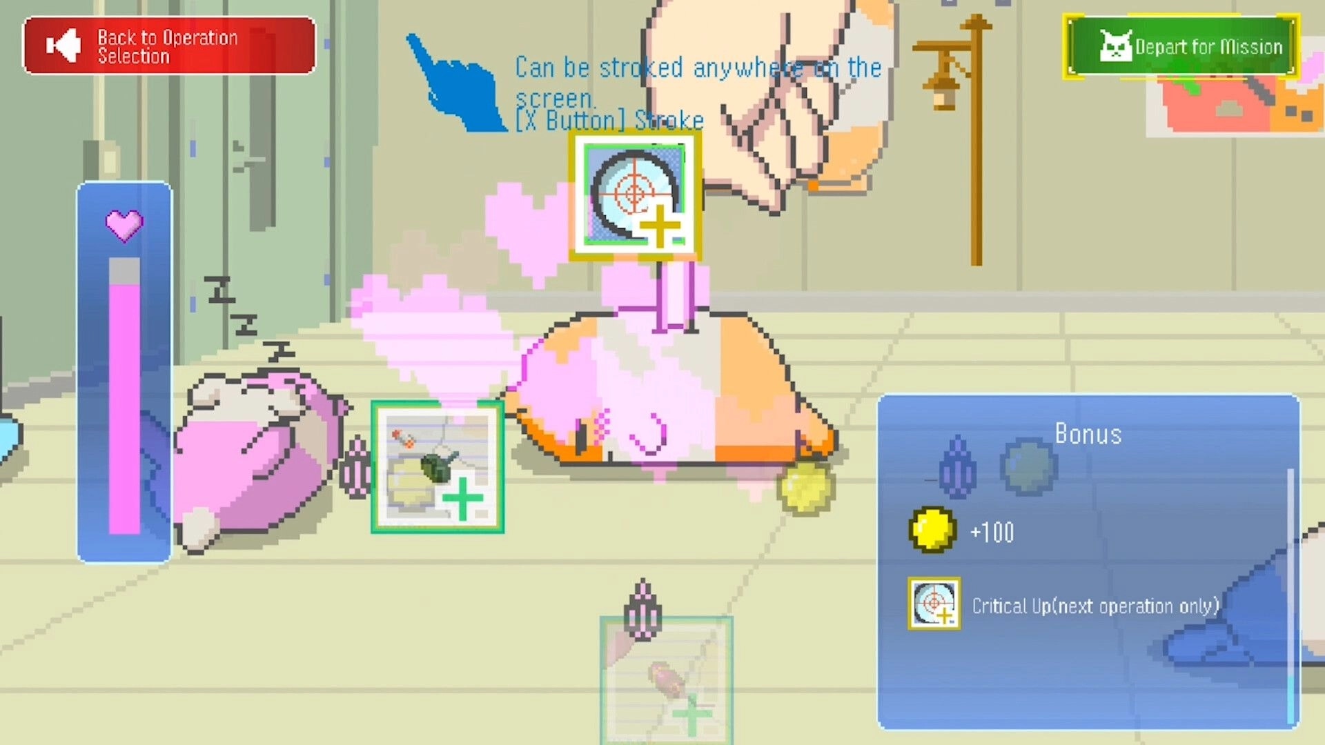 MOCHI-O: Petting MOCHI-O in a room with bonus menu and health bar visible. Depart for mission option.