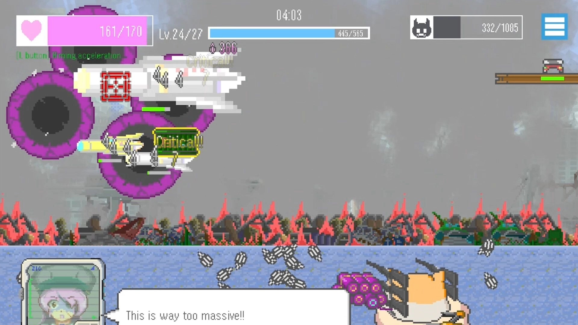 MOCHI-O: Combat scene with MOCHI-O firing at giant purple enemies; health and time bars visible